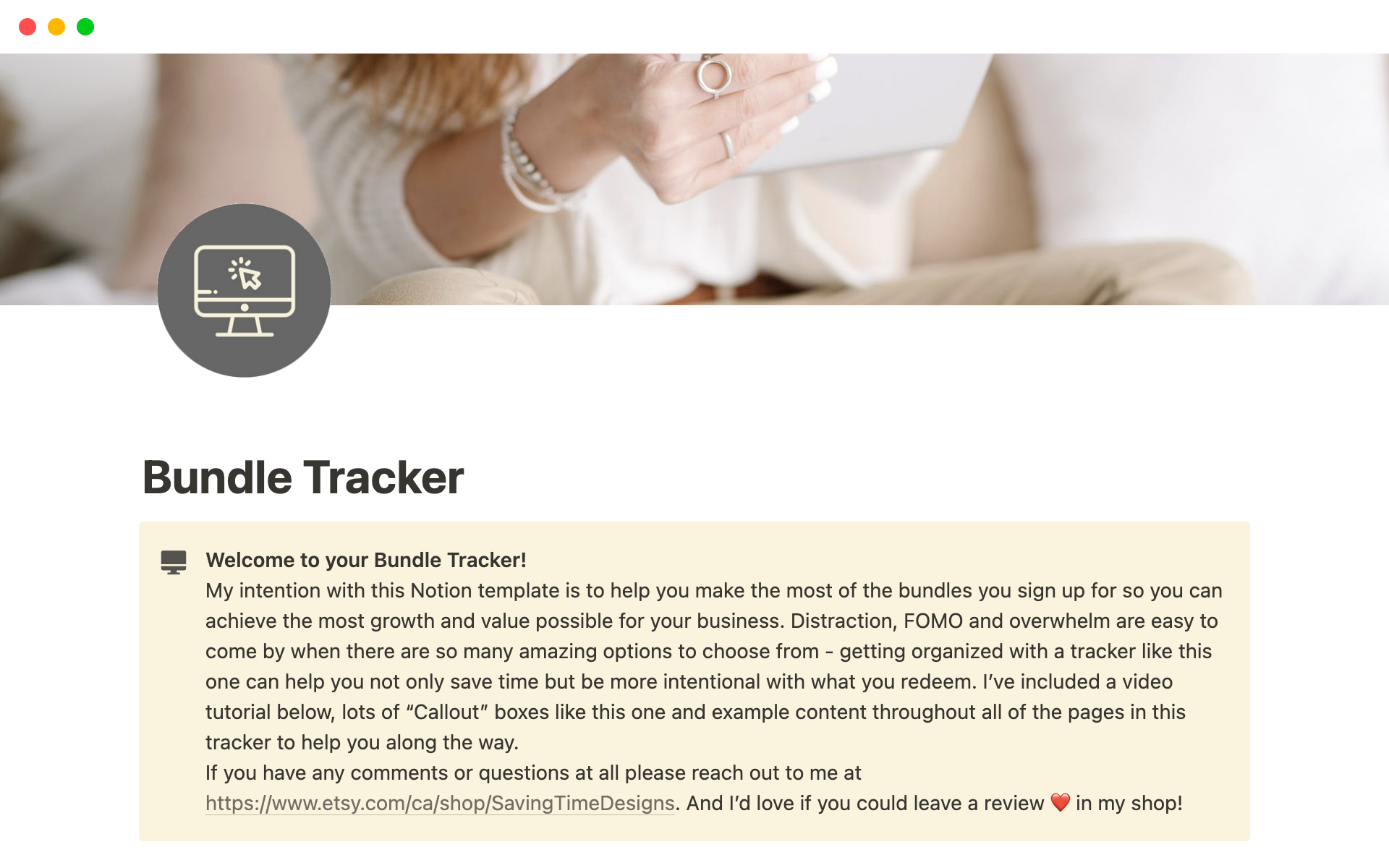 A template preview for Bundle Tracker