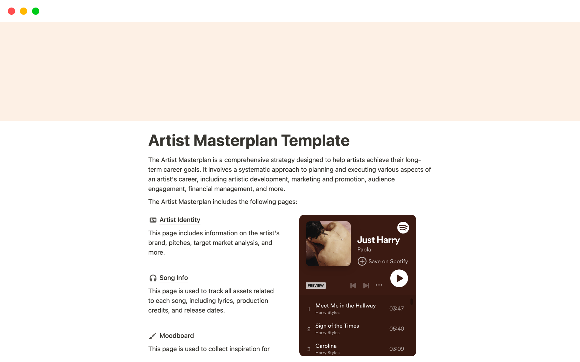 A template preview for Artist Masterplan