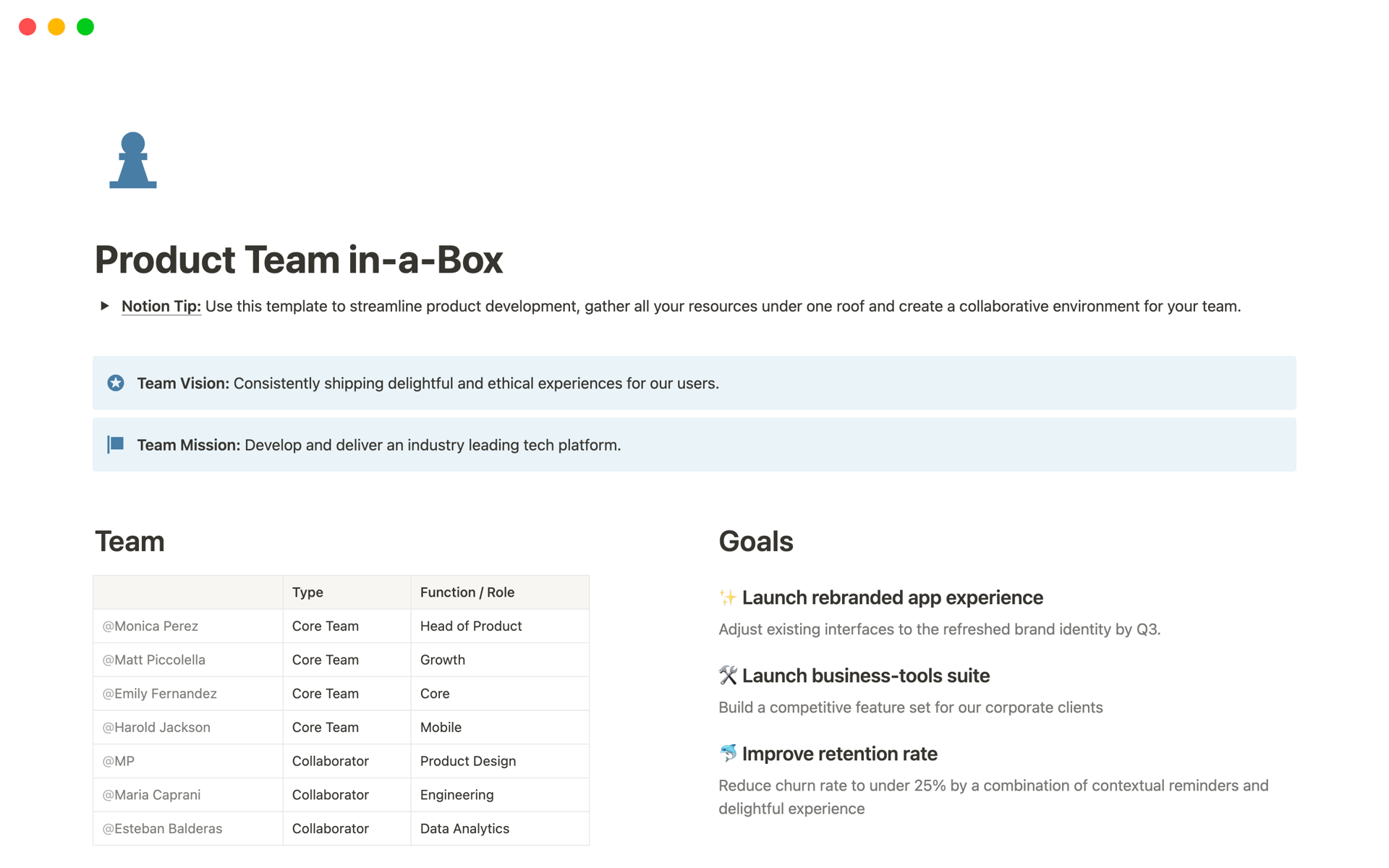 A template preview for Product Team in-a-Box