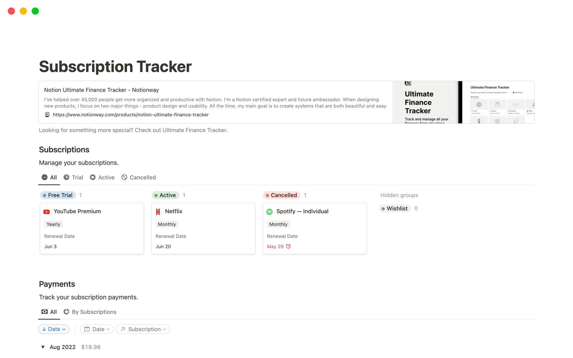 A template preview for Subscription Tracker