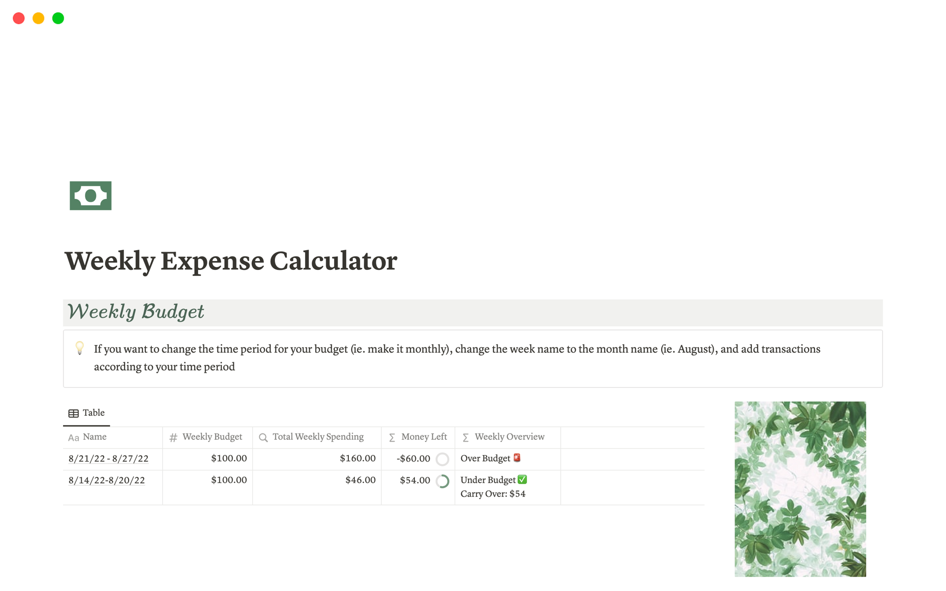 A template preview for Weekly Expense Calculator
