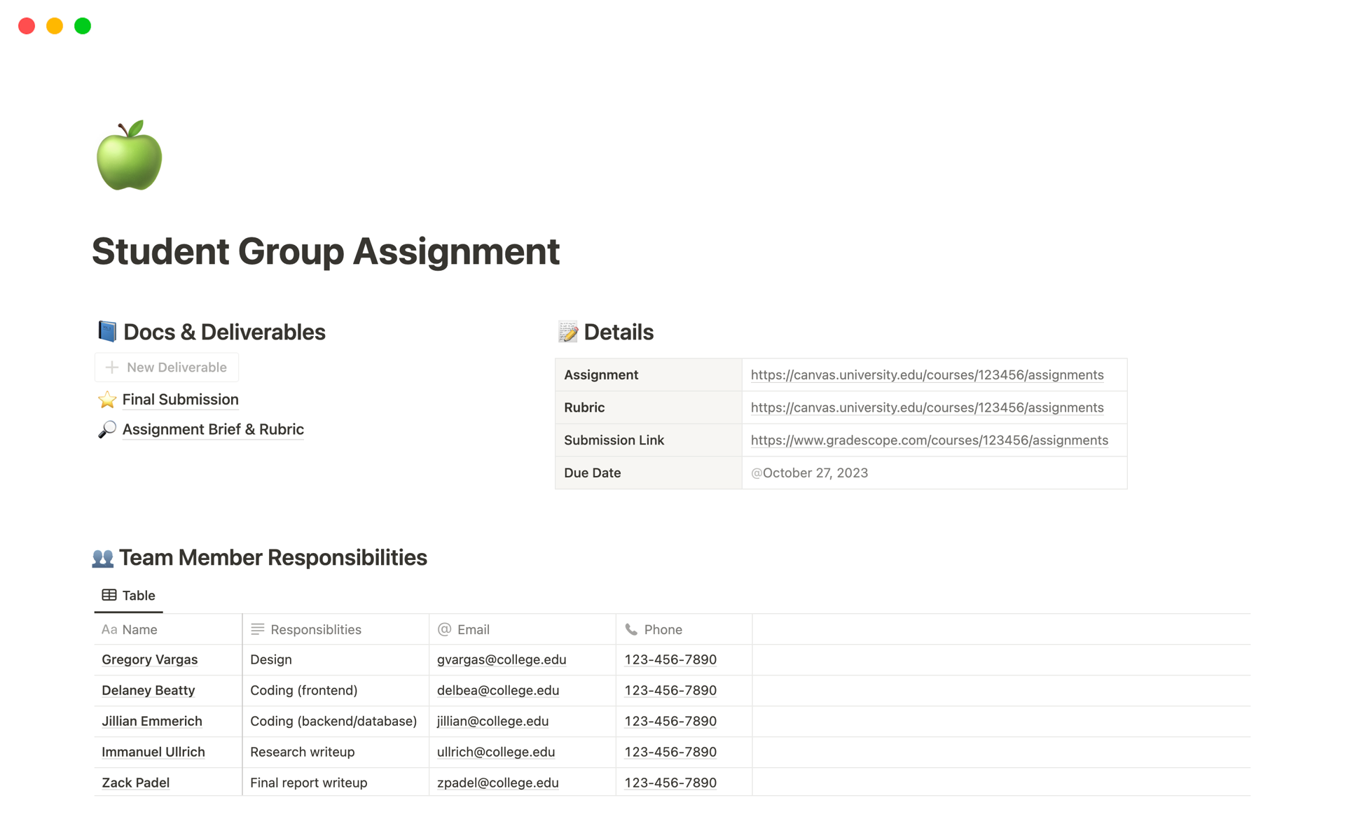 Manage group assignments effortlessly with this all-in-one template. Keep track of responsibilities, to-dos, and meeting notes, and even share a Spotify playlist for collaborative vibes.