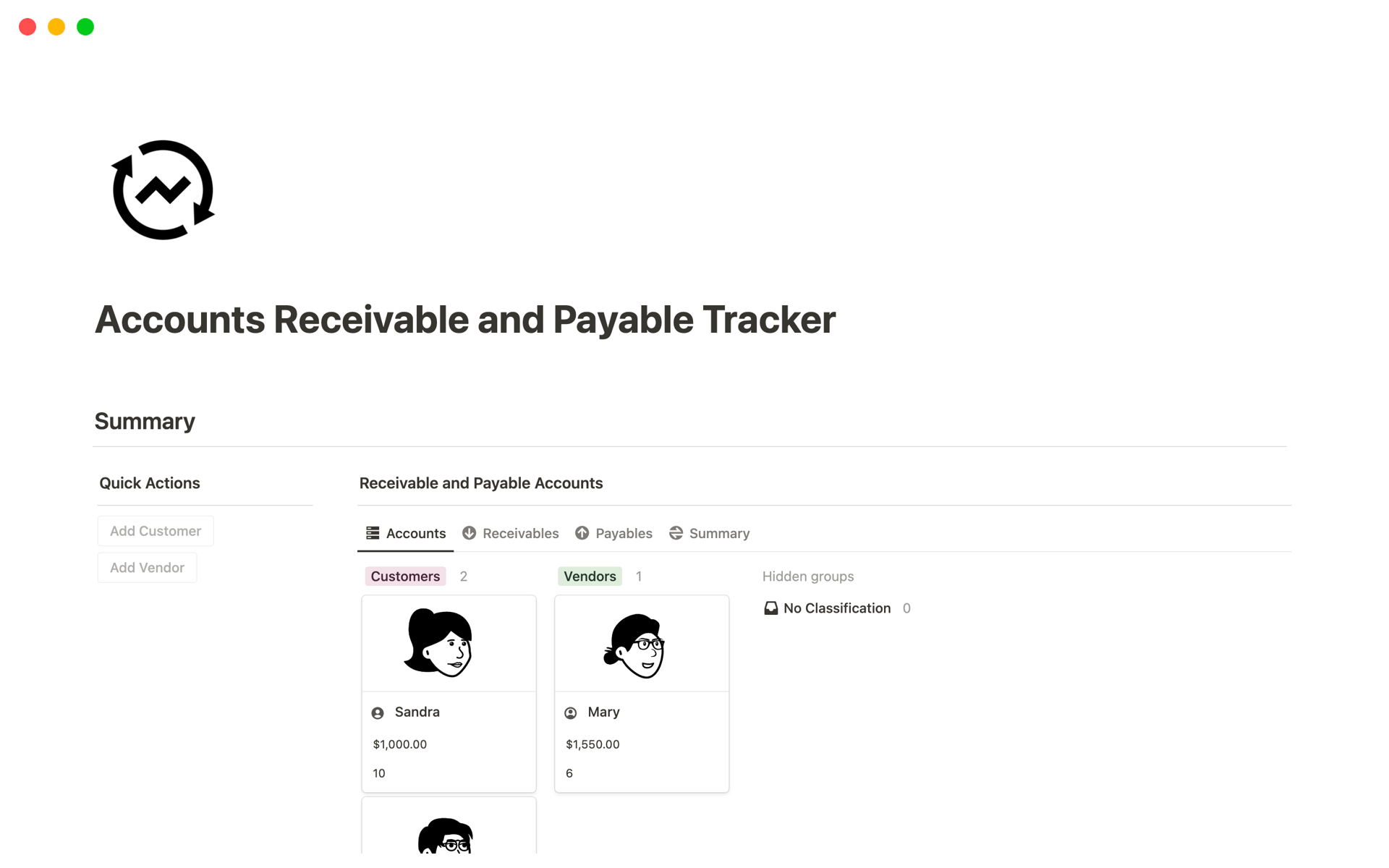 A template preview for Accounts Receivable and Payable Tracker
