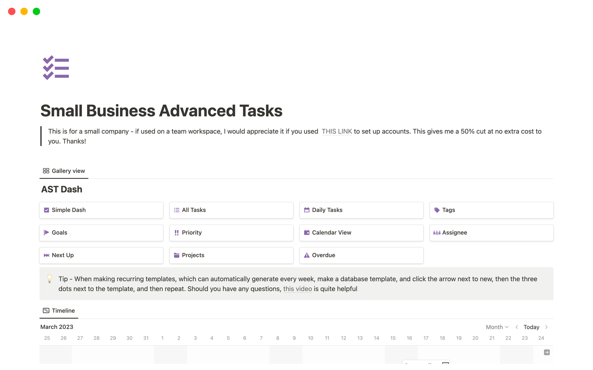 A template preview for Small Business Advanced Task Manager