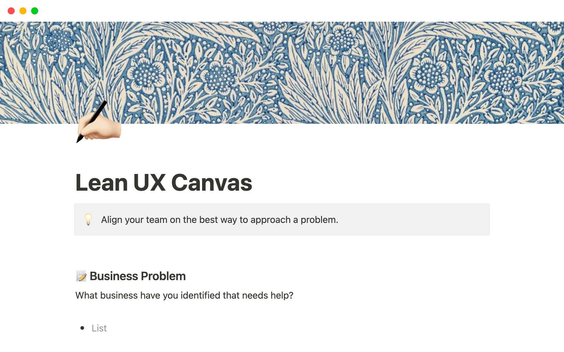A template preview for Lean UX Canvas