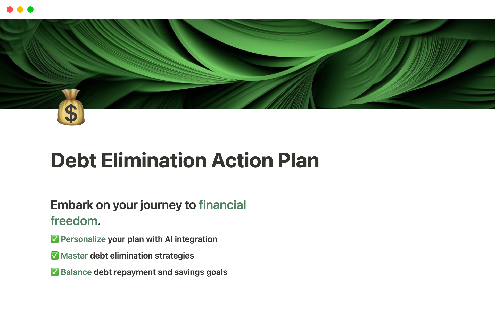 A template preview for Debt Elimination Action Plan w/ Notion AI