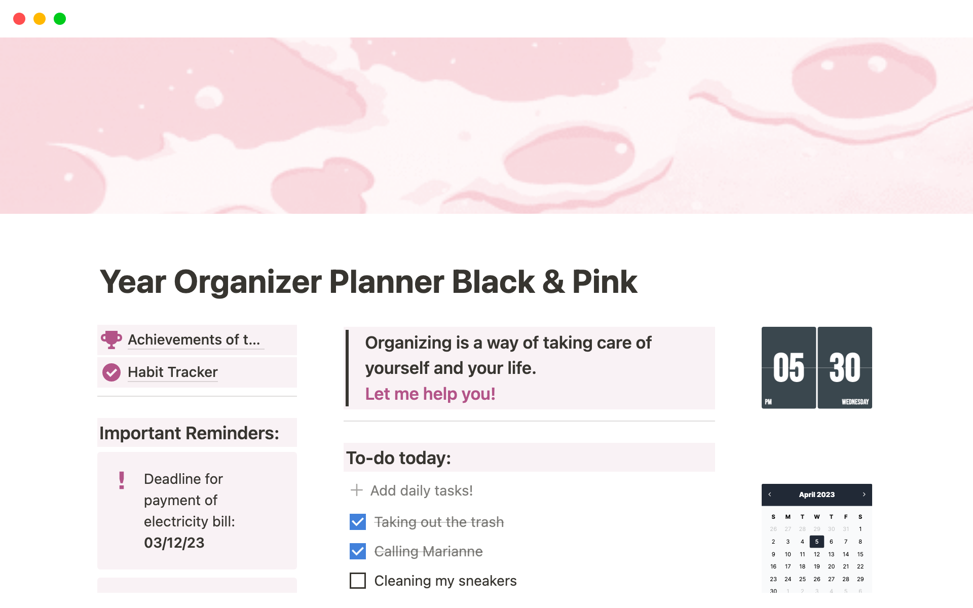 A template preview for Year Organizer Planner Black & Pink