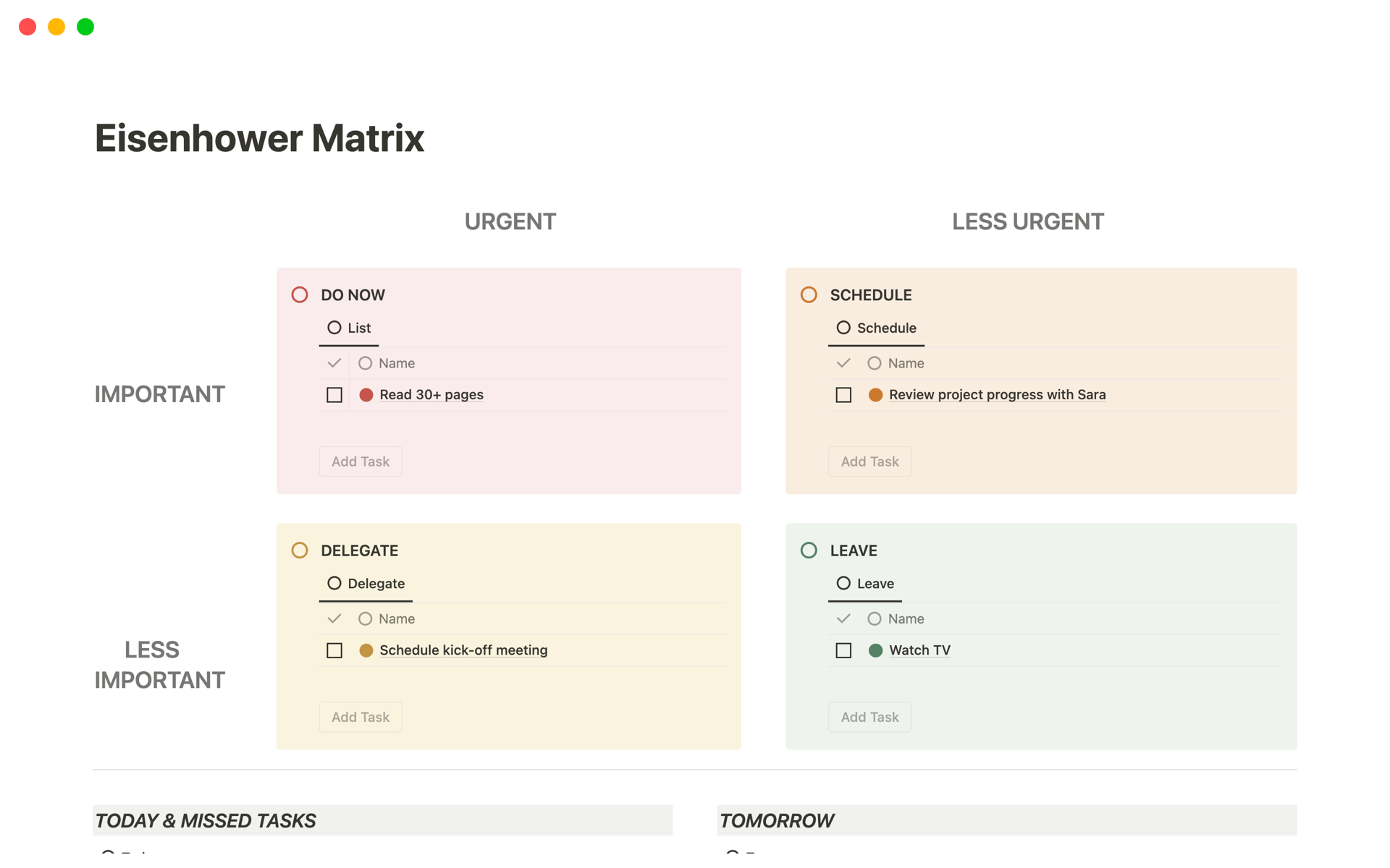 Vista previa de una plantilla para Eisenhower Matrix