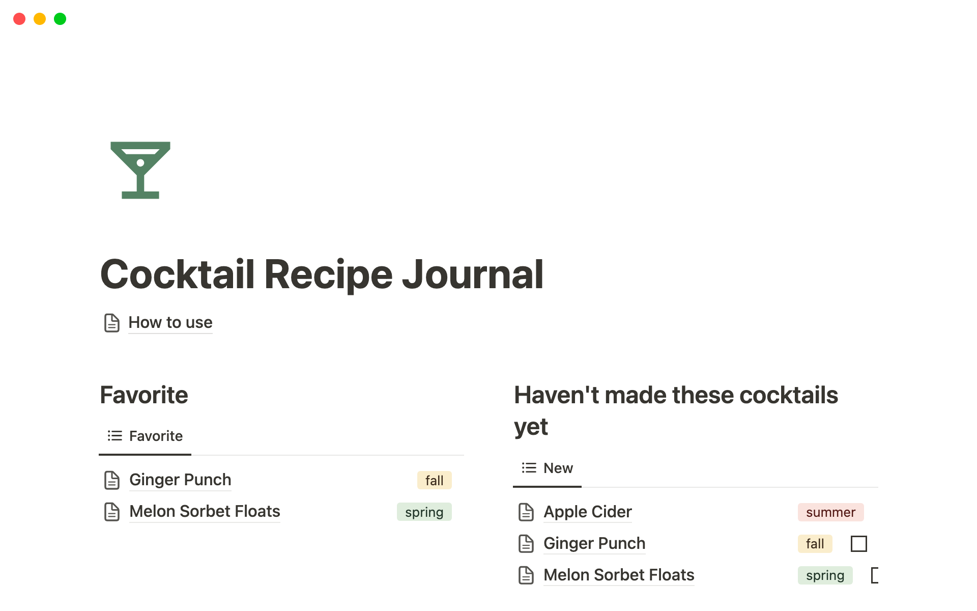 A template preview for Cocktail Recipe Journal