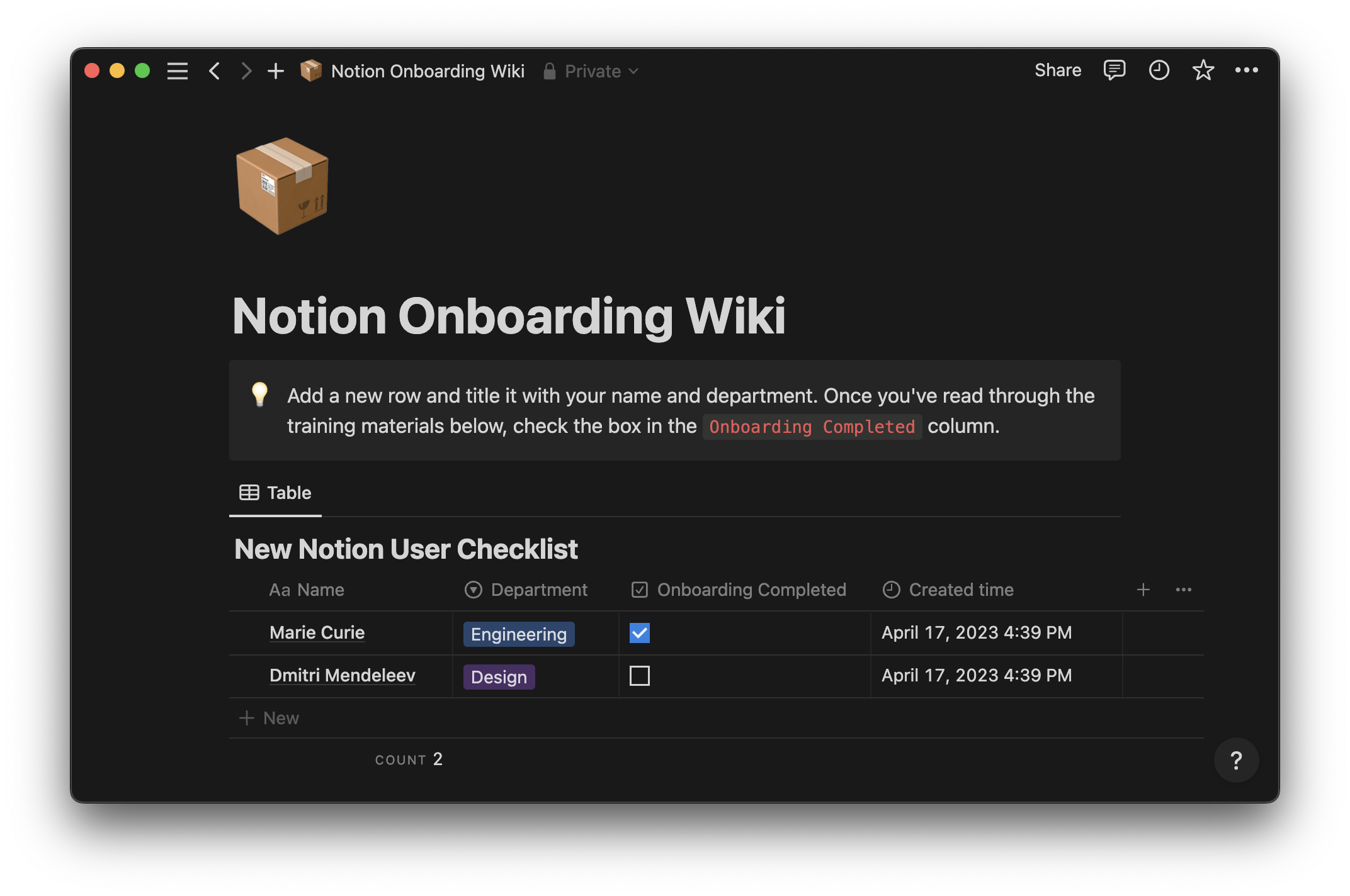 Help trainees find all the information they need with Notion’s Onboarding Wiki template.