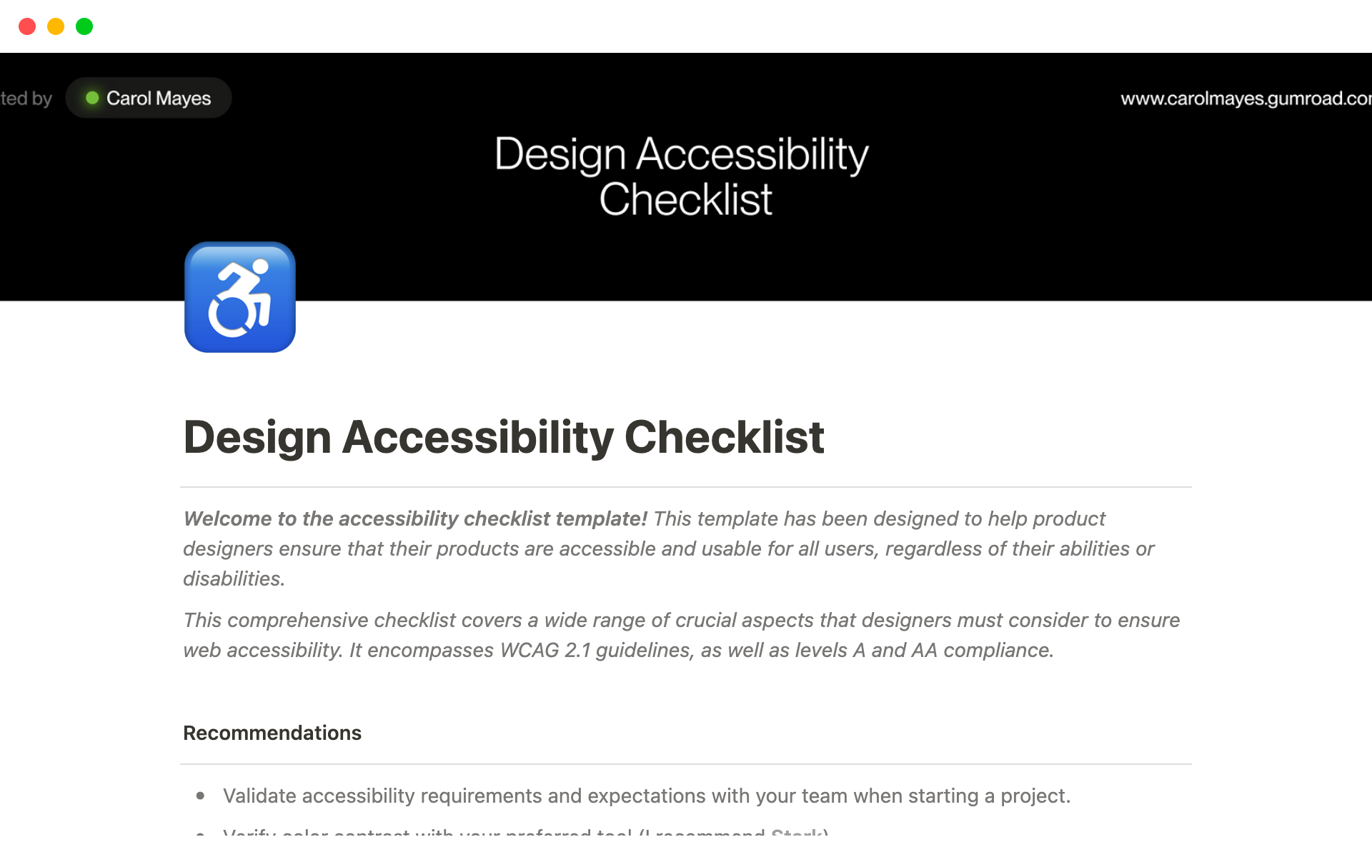 A template preview for Design Accessibility Checklist