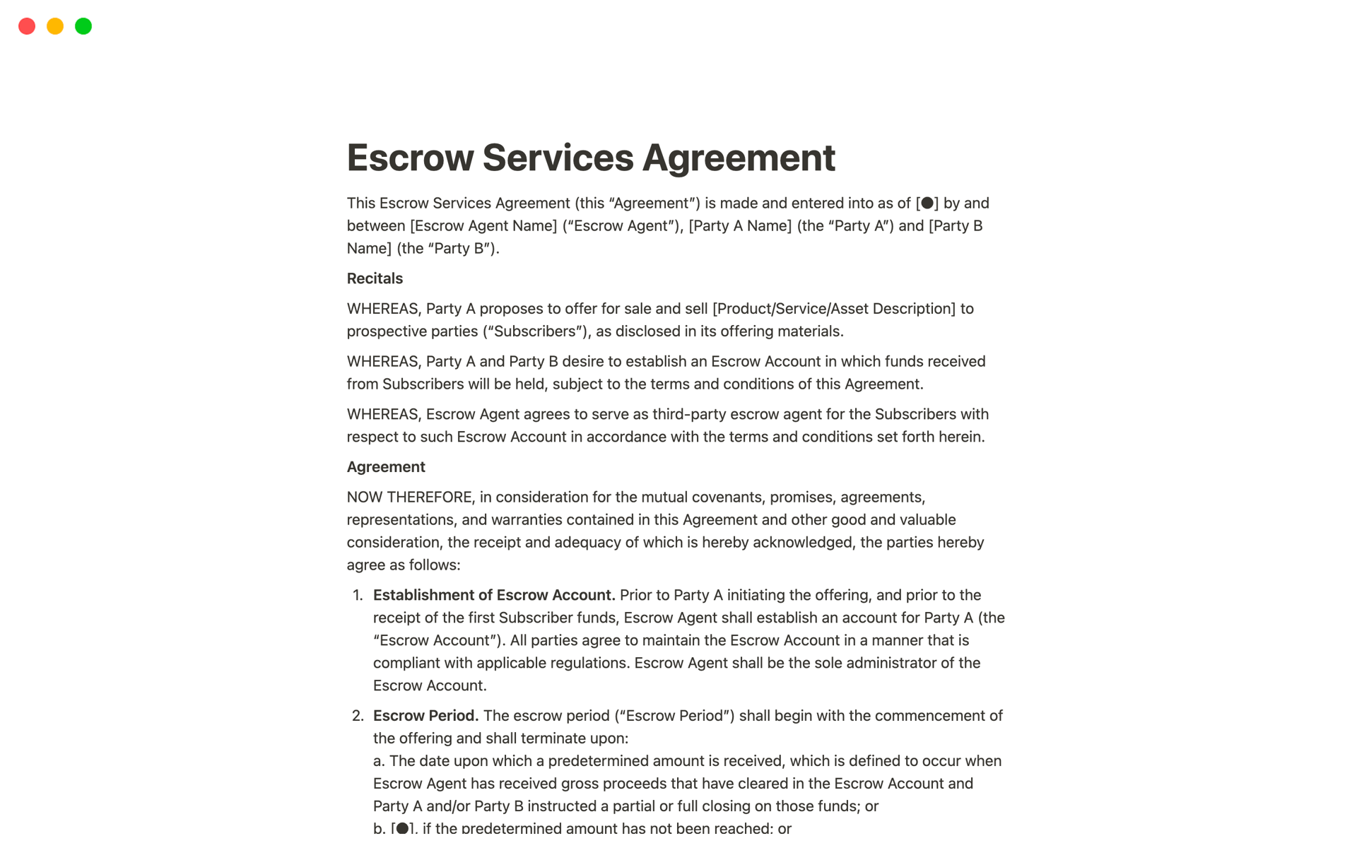 A template preview for Escrow Services Agreement