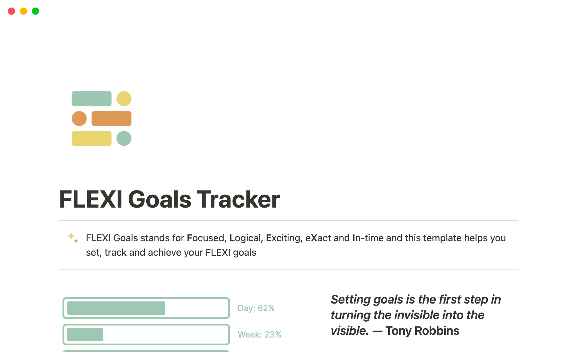 A template preview for FLEXI Goals Tracker