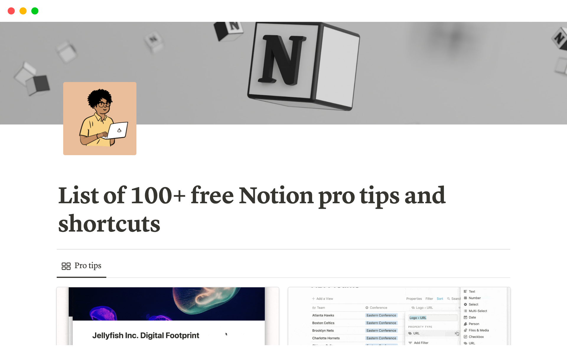 List of 100+ free Notion pro tips and shortcutsのテンプレートのプレビュー