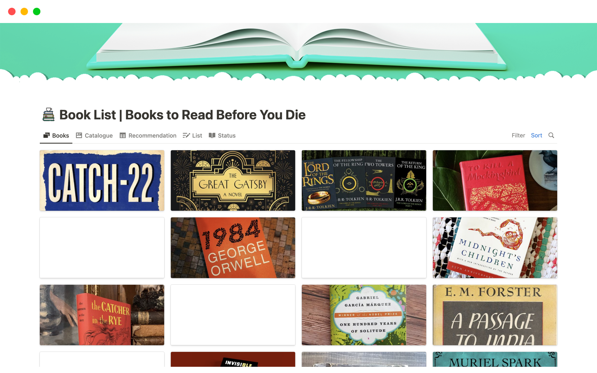 The ultimate book & reading list template containing 7 famous top-100 book lists' 457 unique titles with all their data and cover for a "must-read books before you die" challenge and keeping track of your own library as well.