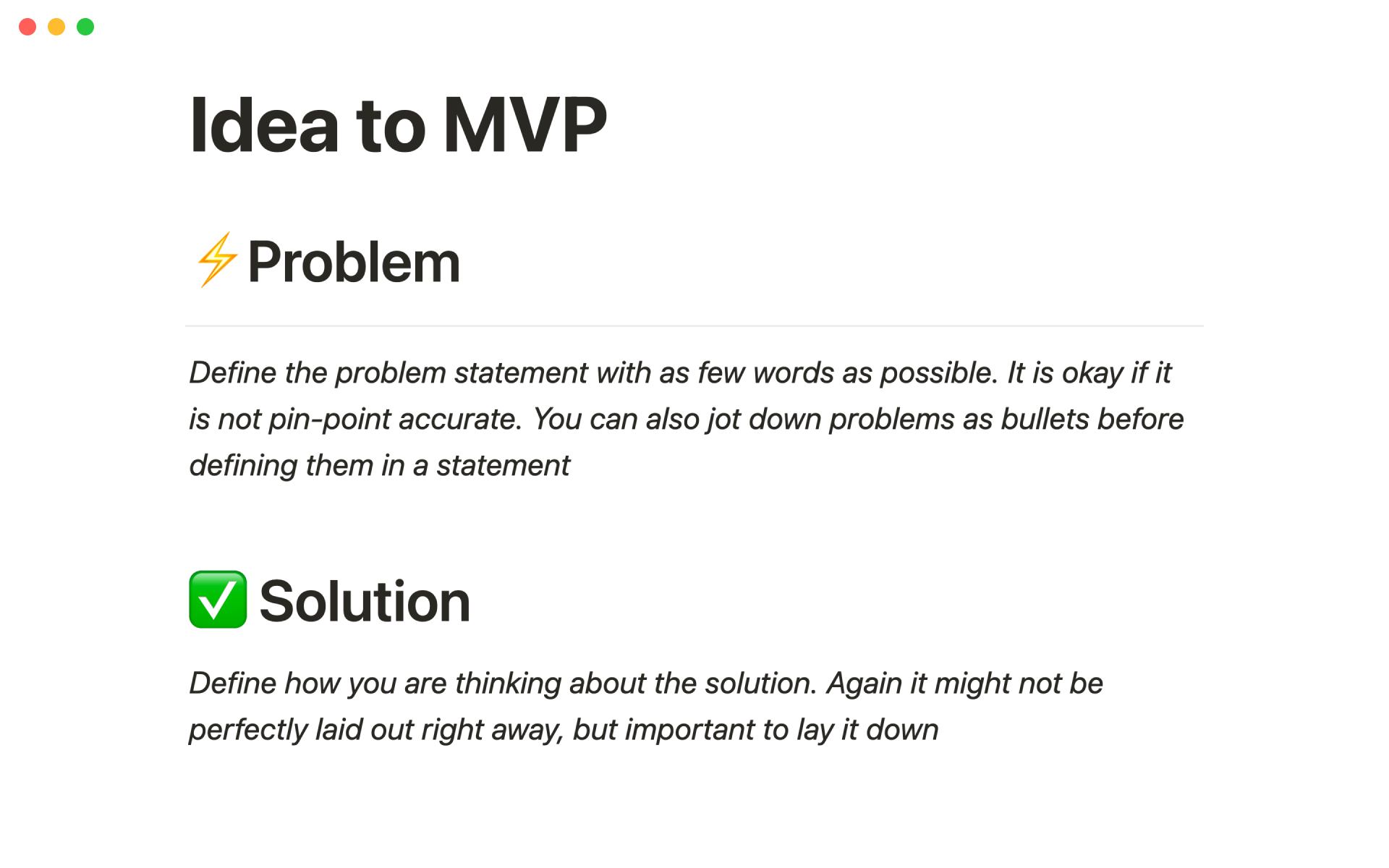 A template preview for Idea to MVP