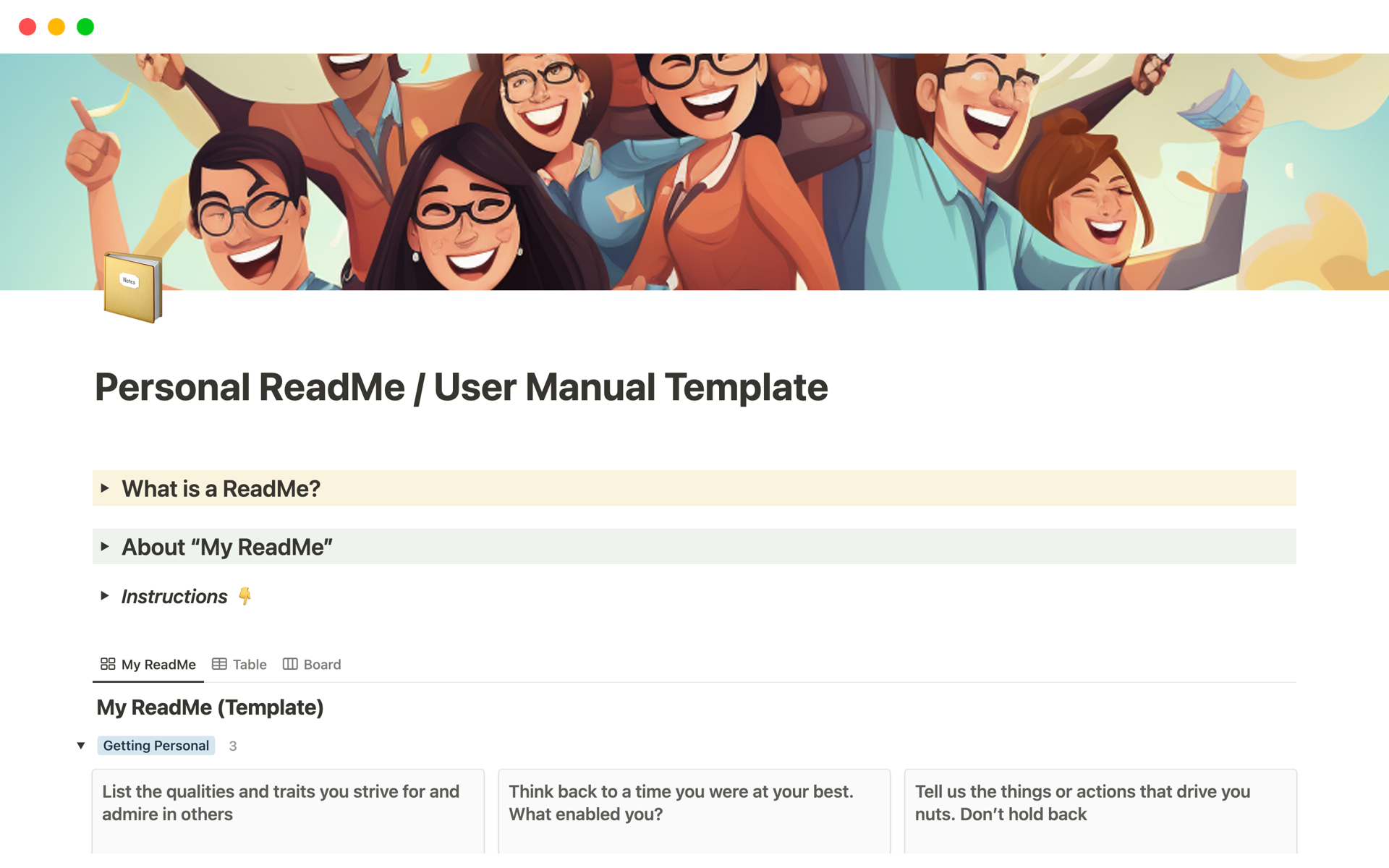 A template preview for Personal ReadMe / User Manual