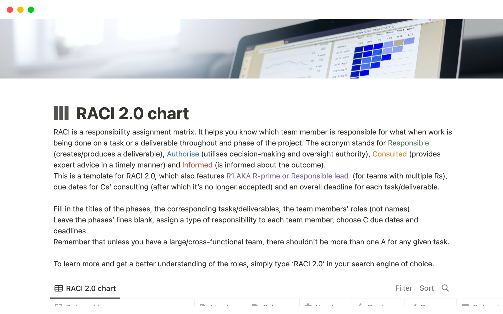 Allows you to use a simple customisable RACI 2.0 chart inside Notion, assign responsibility to team members and track it effectively.