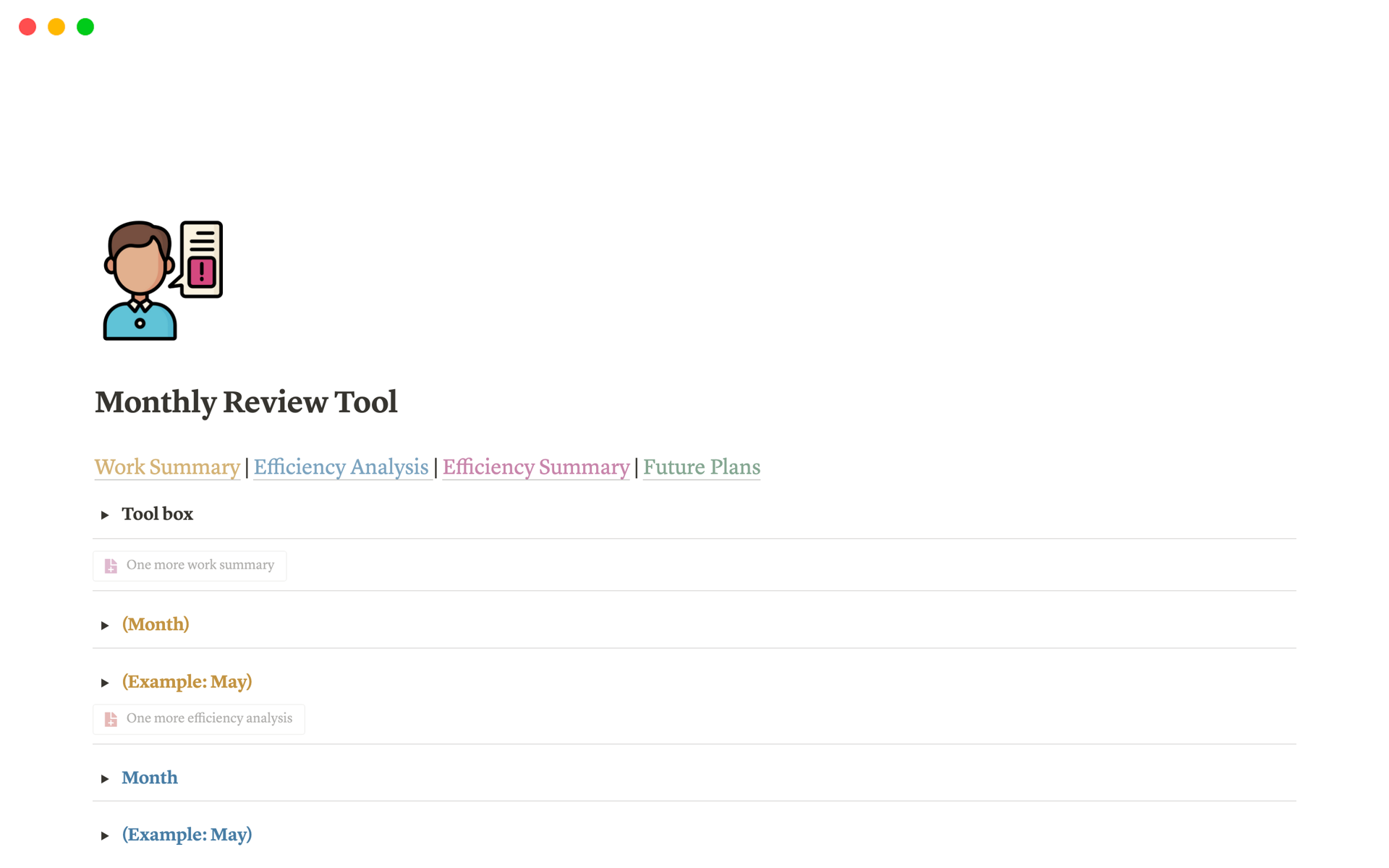 A template preview for Monthly Review Tool