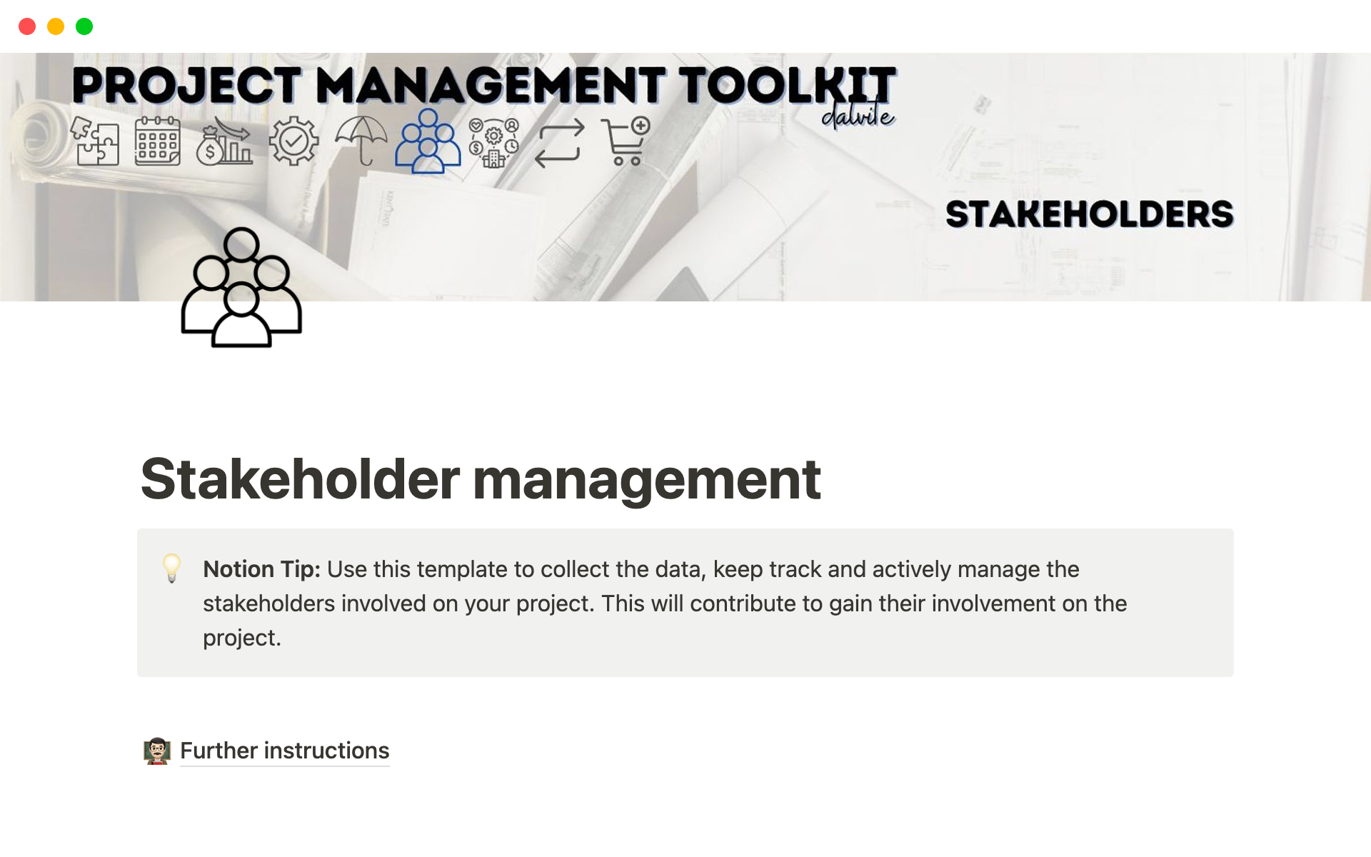 Complete stakeholder register, including tracking tools as a importance and influence matrix, a RACI matrix, risk attitude and all you need to monitor regarding stakeholders.