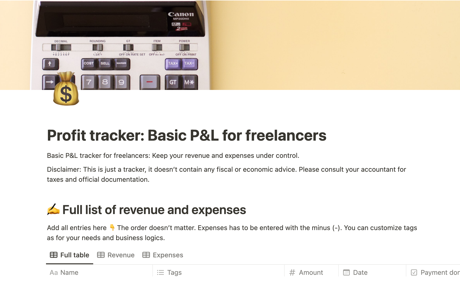 Basic profit tracker for freelancers: track revenue and expenses.