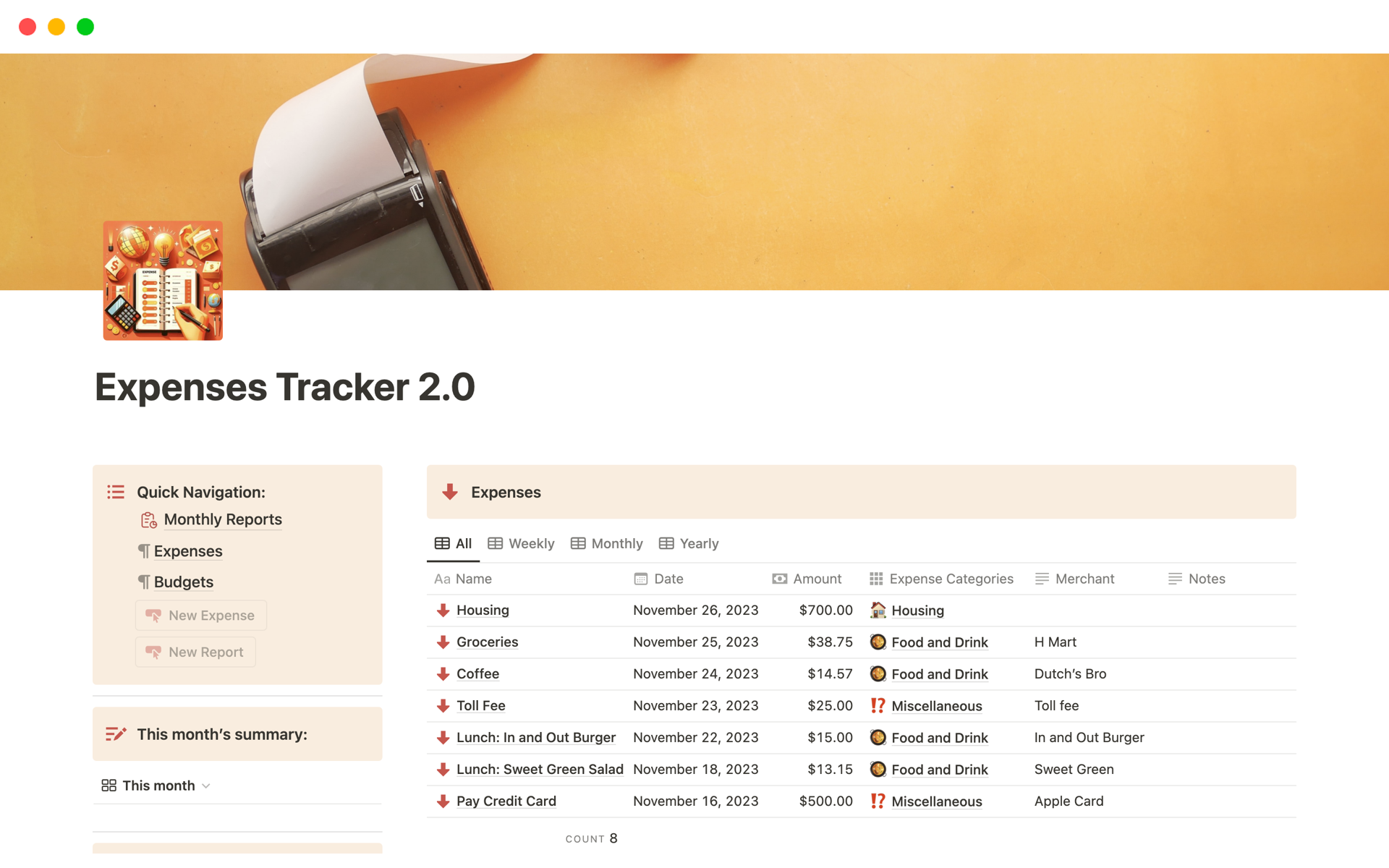A template preview for Expenses Tracker 2.0