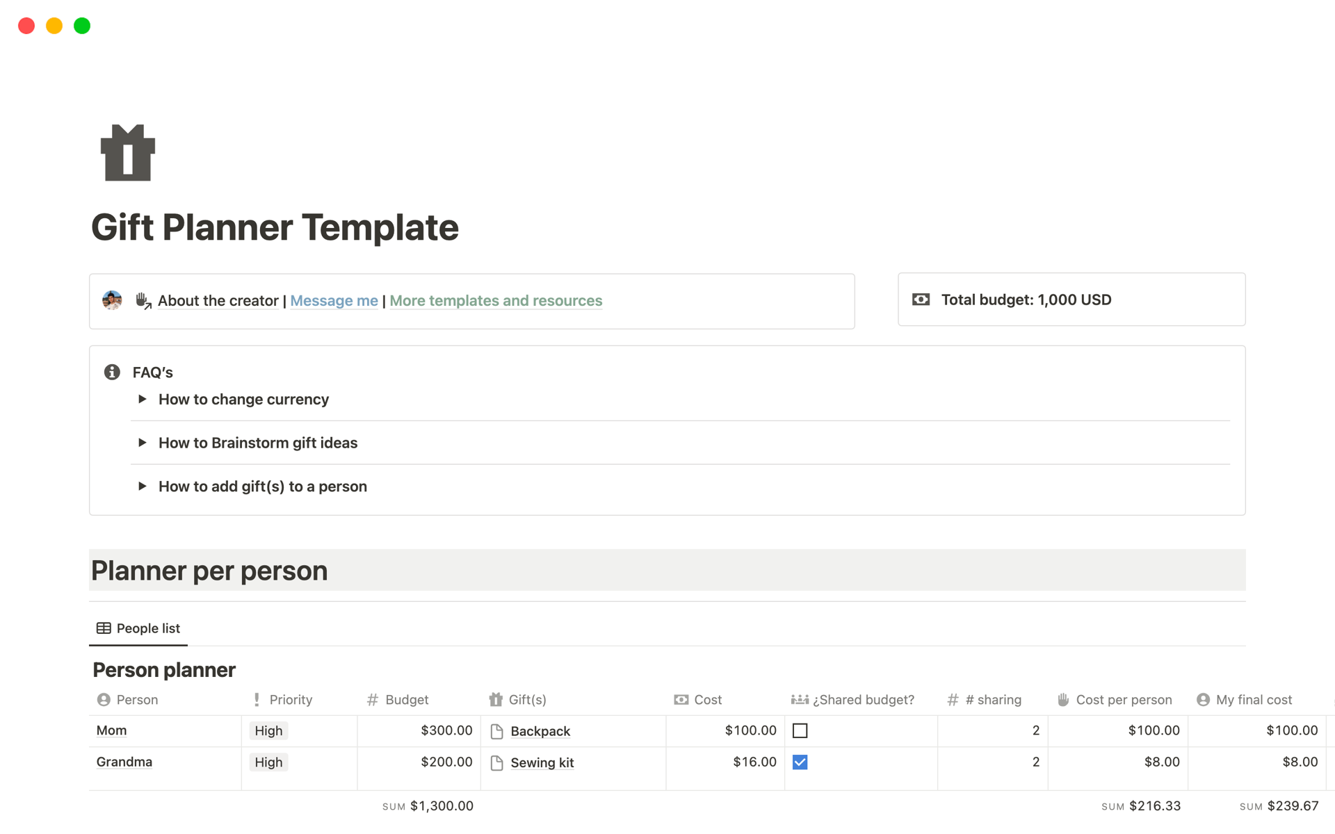 Gift Planner Notion Template