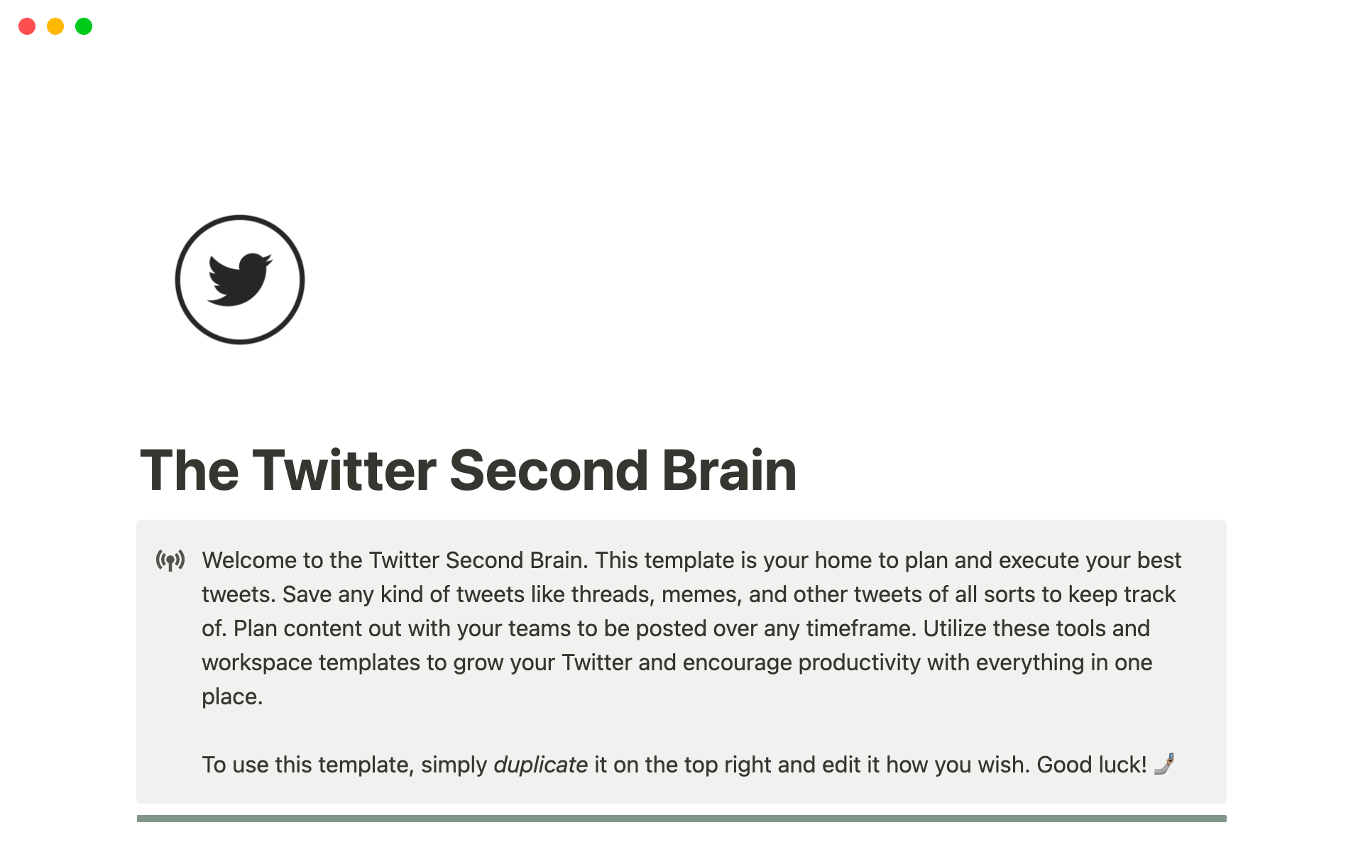 A template preview for The Twitter Second Brain