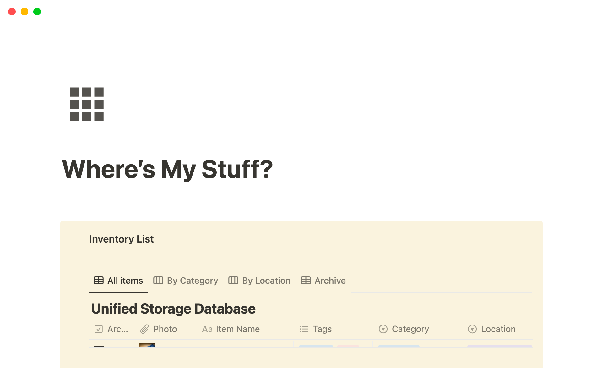 A template preview for Where is My Stuff? - Storage & Inventory Assistant