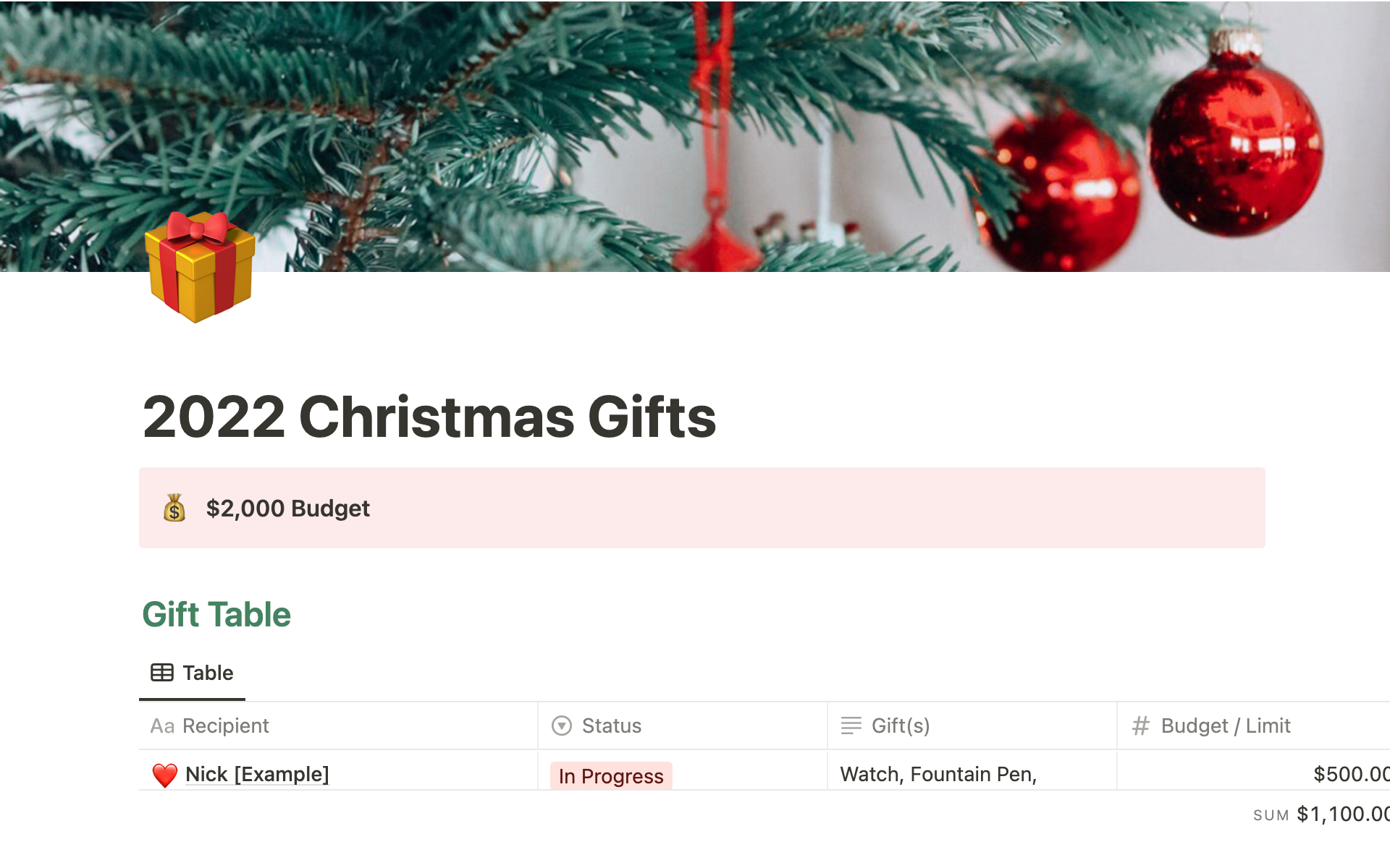 Use this Notion Template from Jaime's Creations to brainstorm gift ideas, track purchases & shipments, and manage your holiday shopping budget.