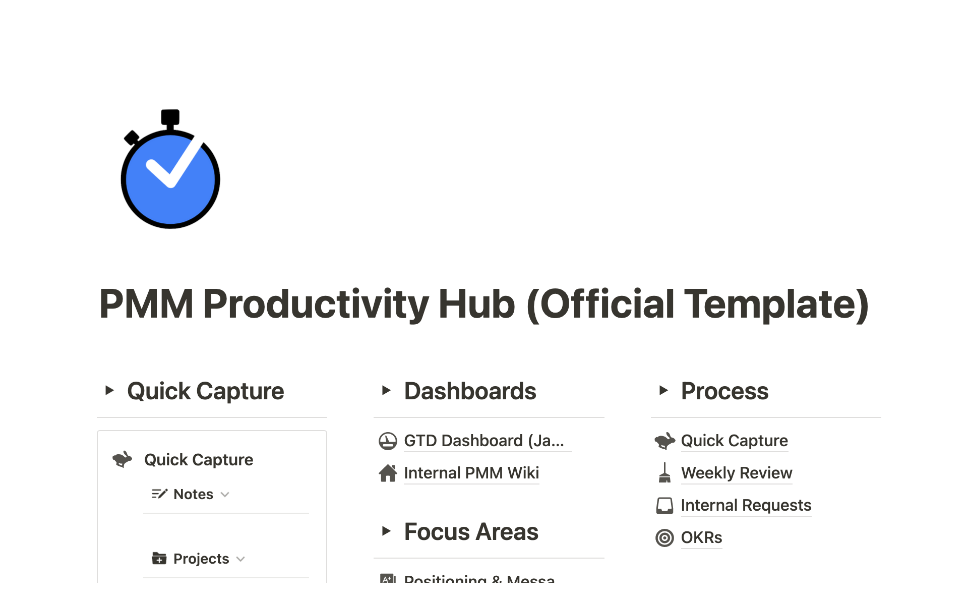 PMM Productivity Hub is a system built on Notion that helps small product marketing teams and solo PMMs organize their work, get more done, and communicate their value across their company.