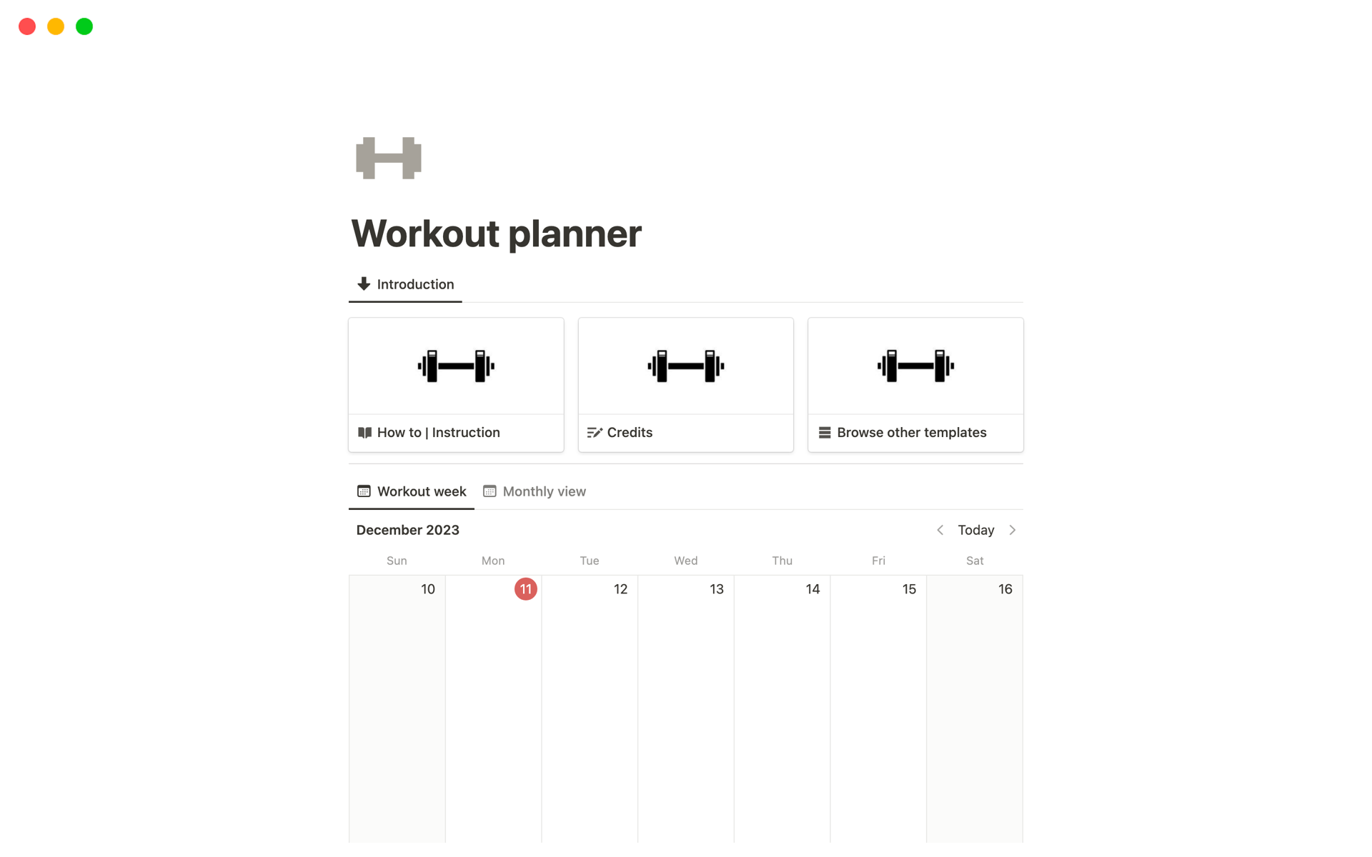 Galeria de modelos do Notion — Workout planner