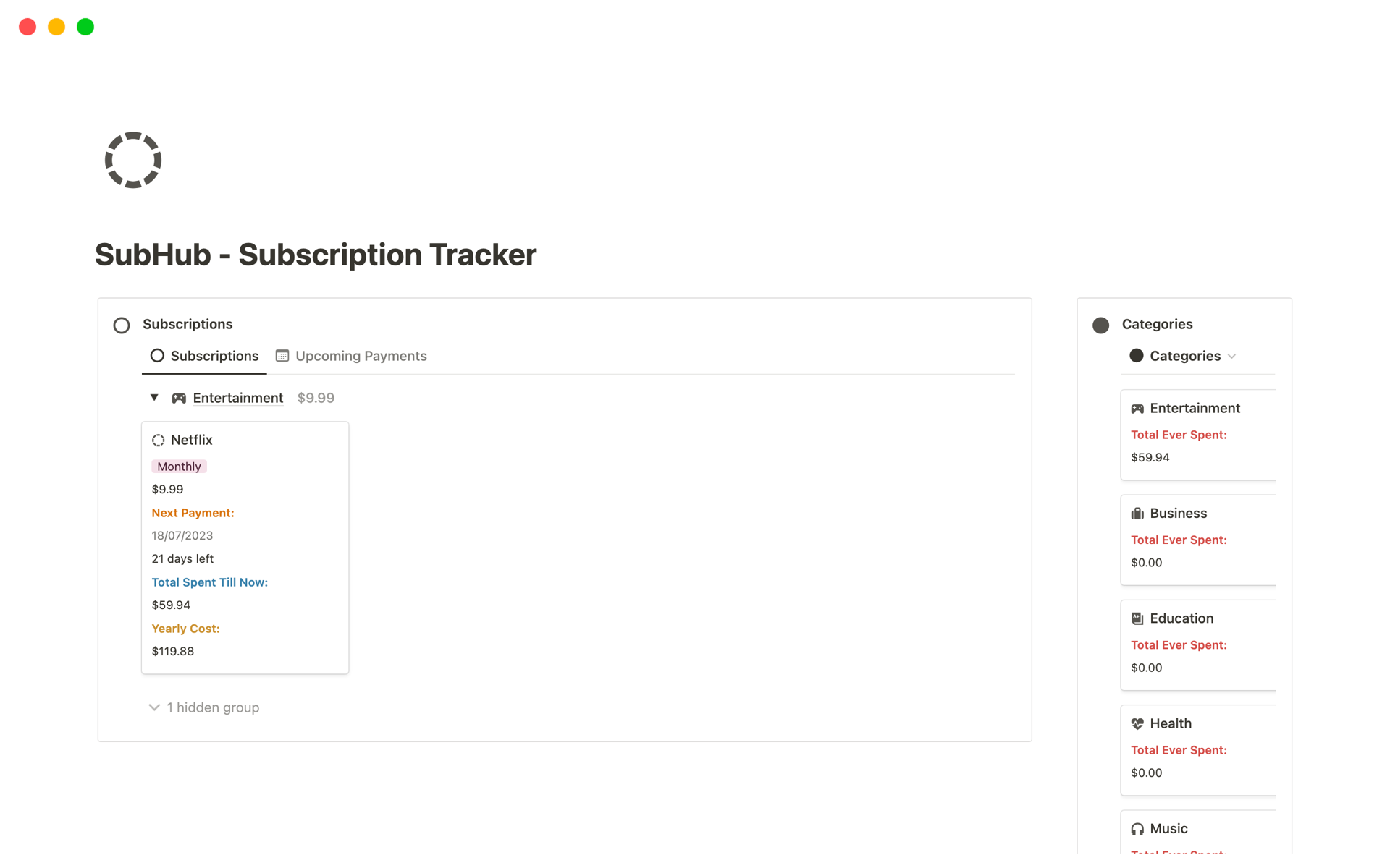 A template preview for SubHub - Subscription Tracker