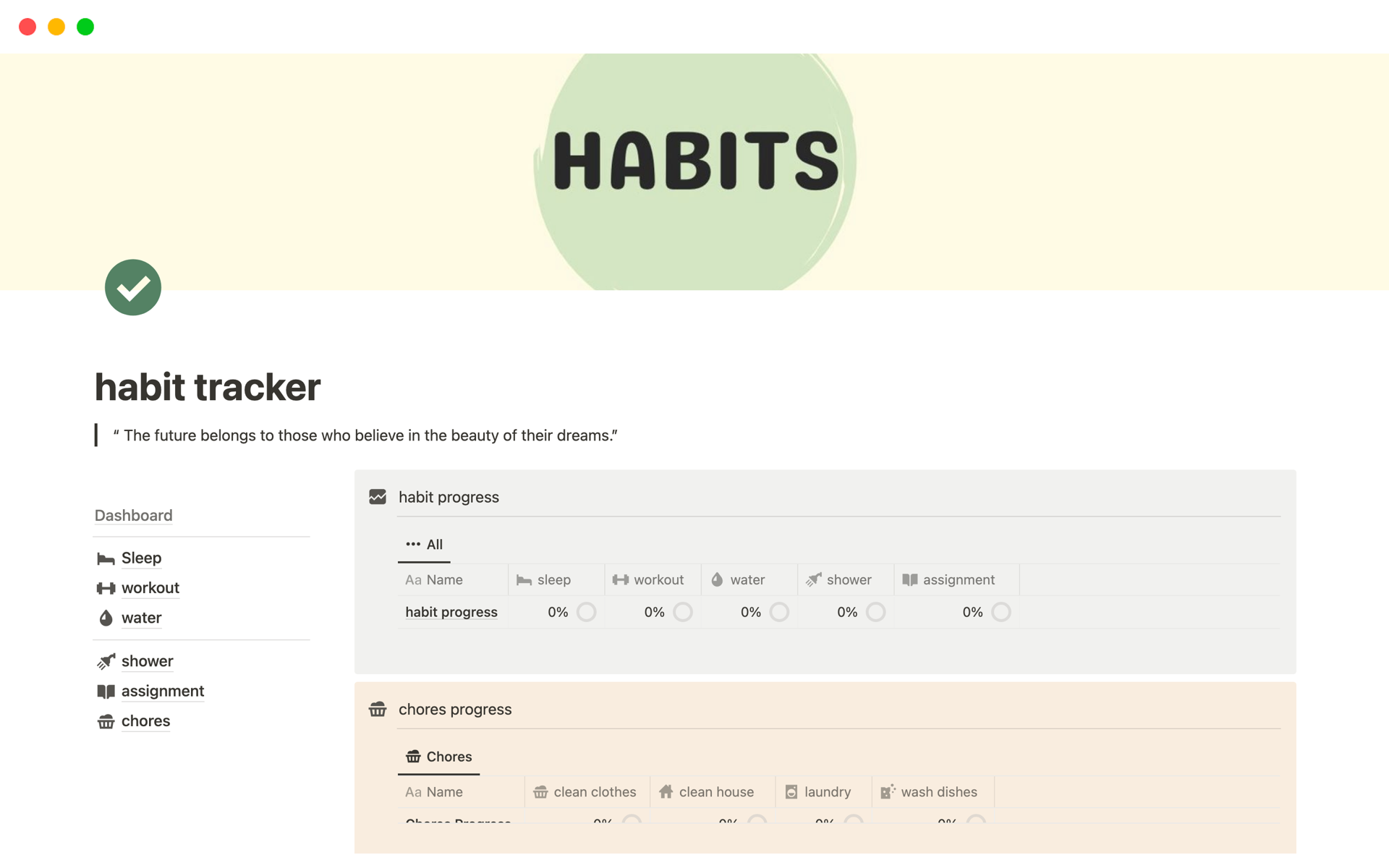 A template preview for habit tracker