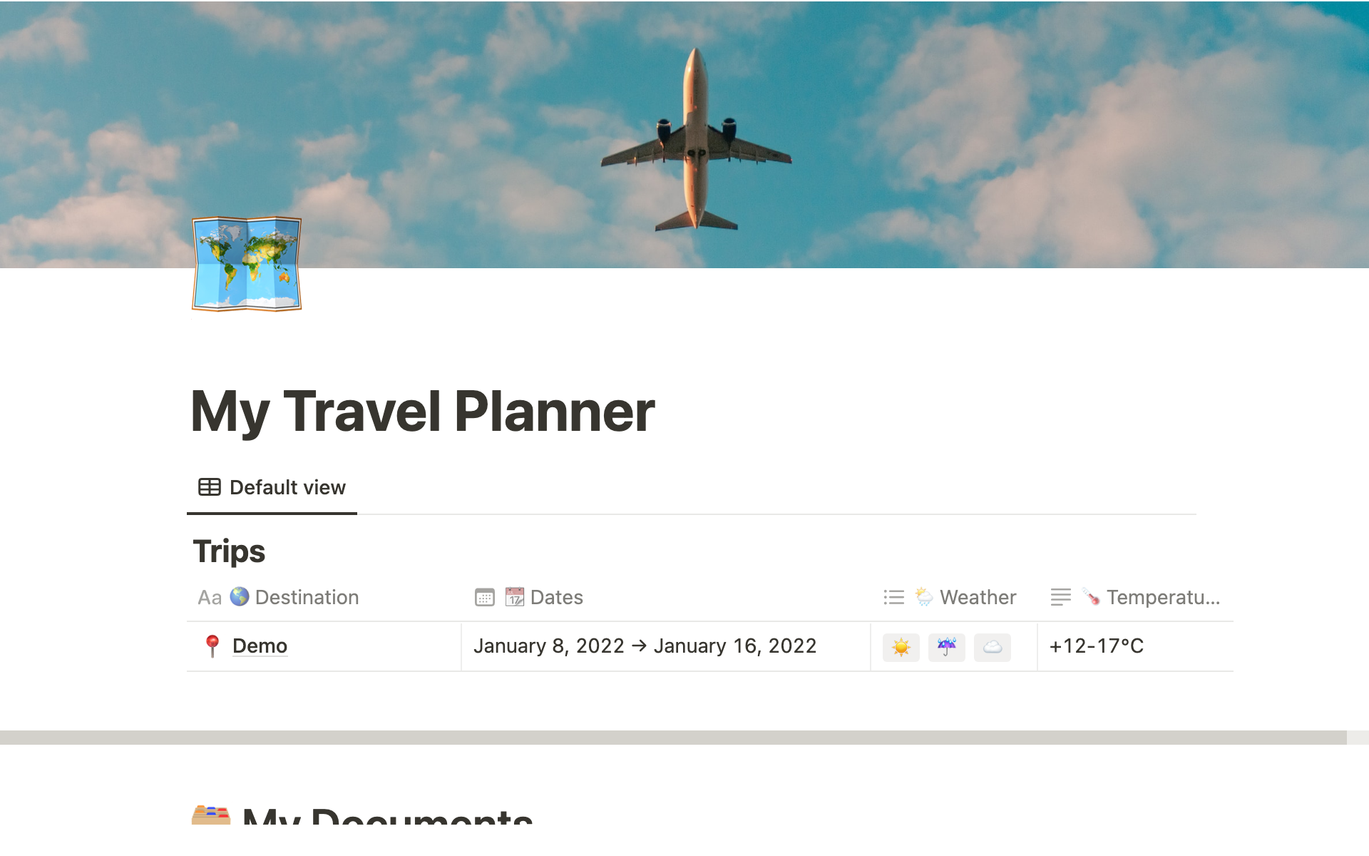 A template preview for Travel Planner and Packing List