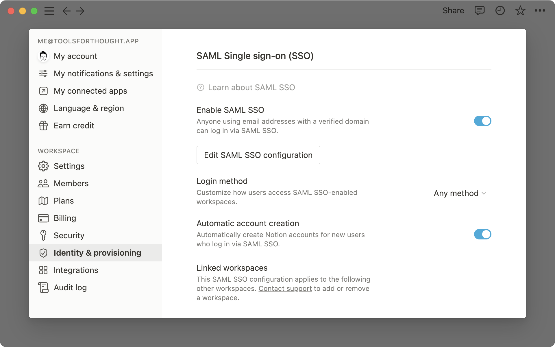 SAML SSO - menu