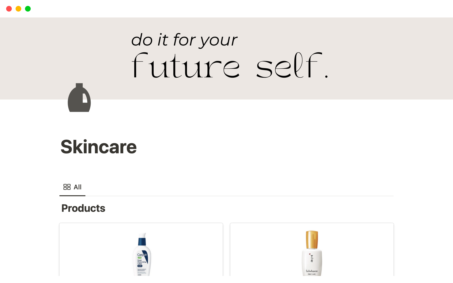 A template preview for Notion Skincare Template