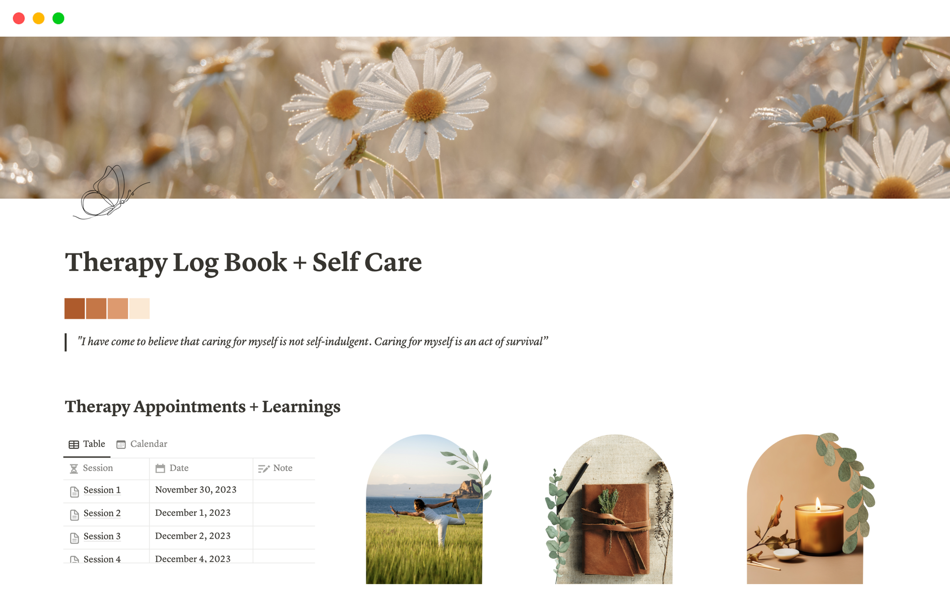 A template preview for Therapy Log Book and Self Care 