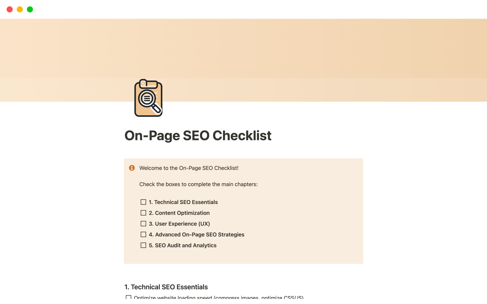 A template preview for On-Page SEO Checklist