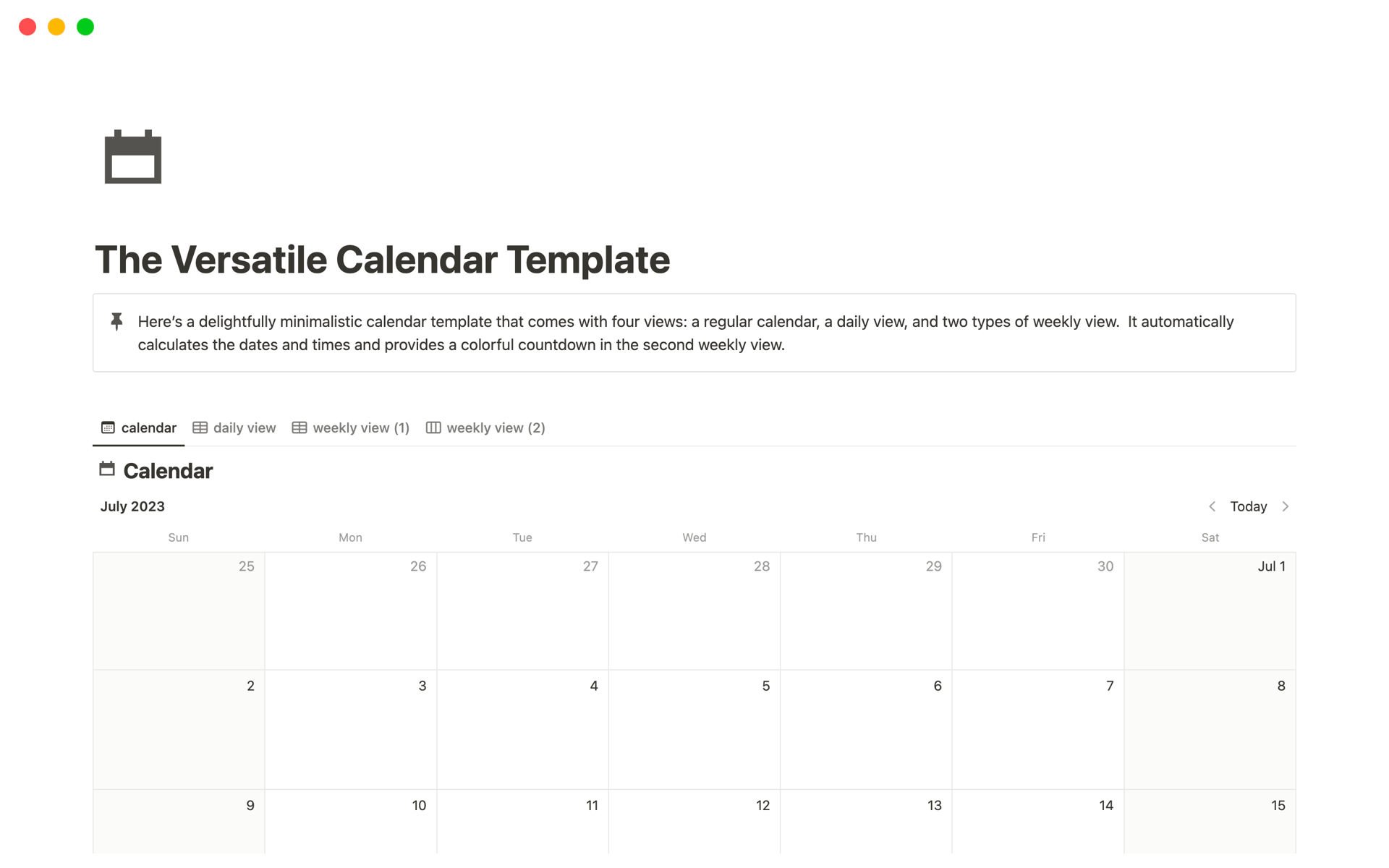 A template preview for The Versatile Calendar Template