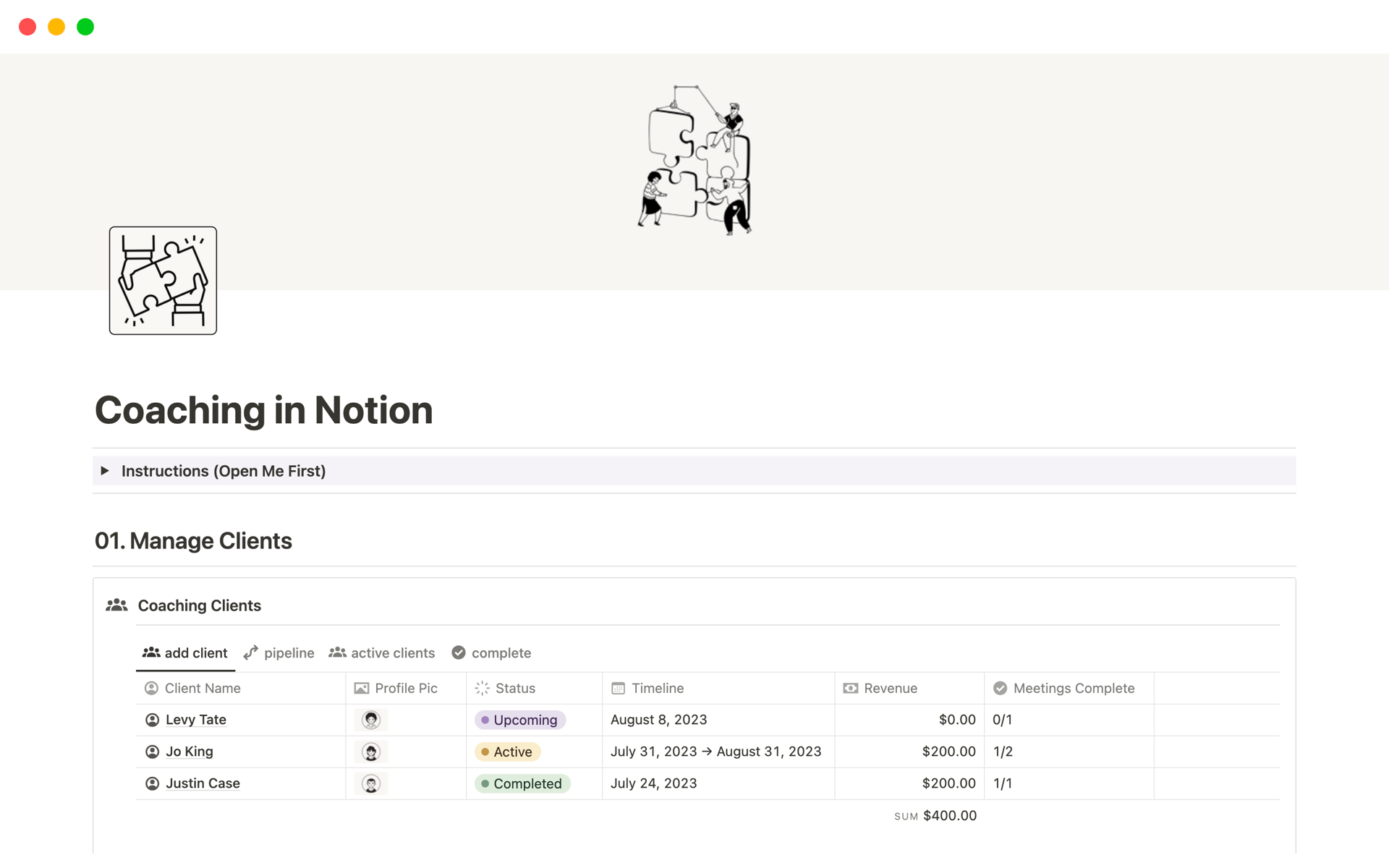 A template preview for Coaching in Notion