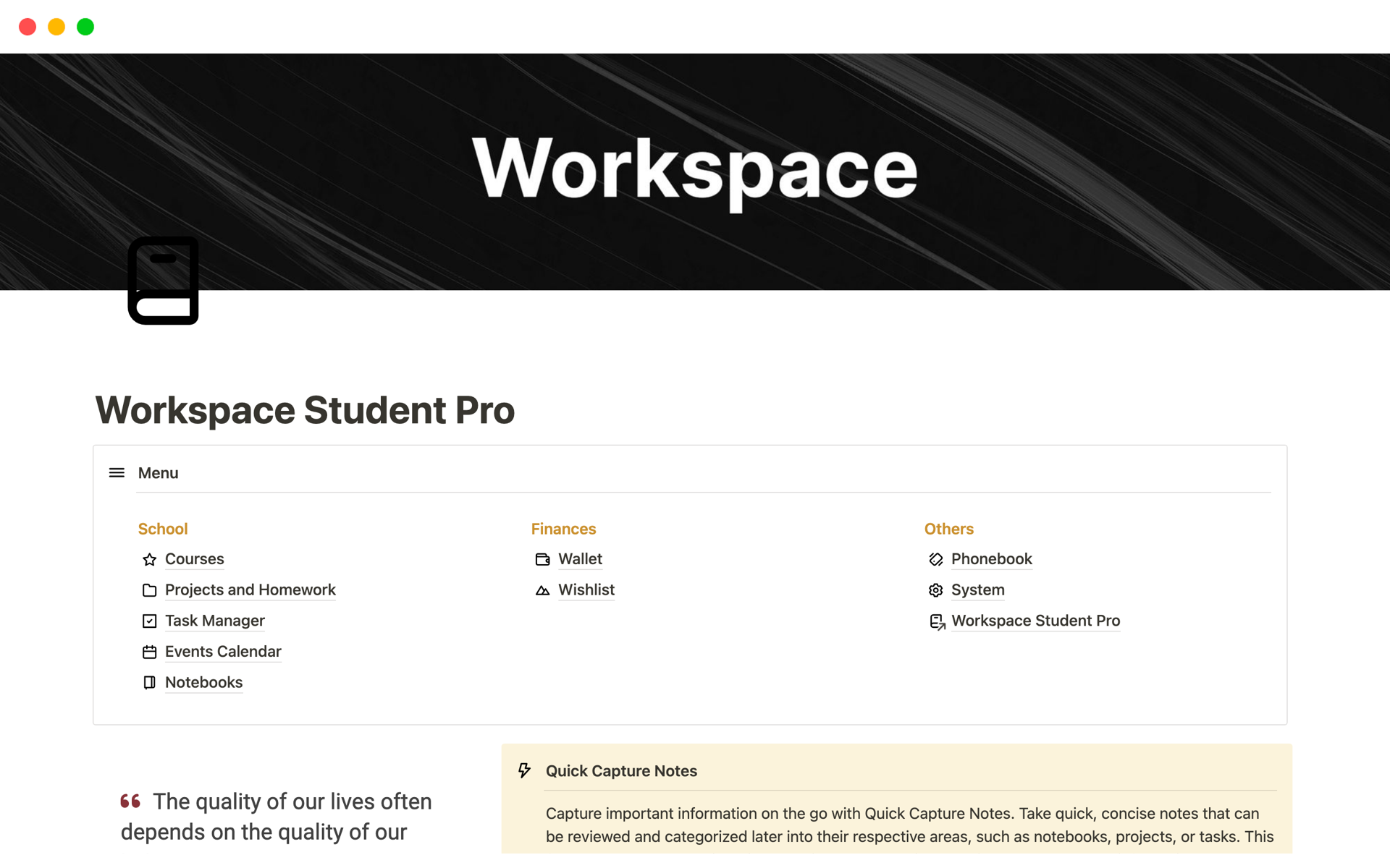 A template preview for Workspace Student Pro