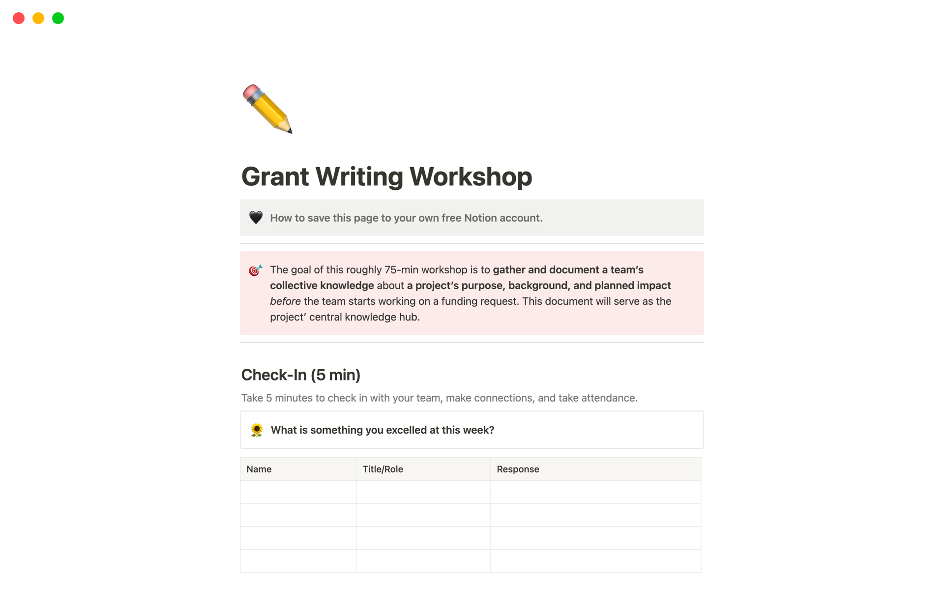 A template preview for Grant Writing Workshop