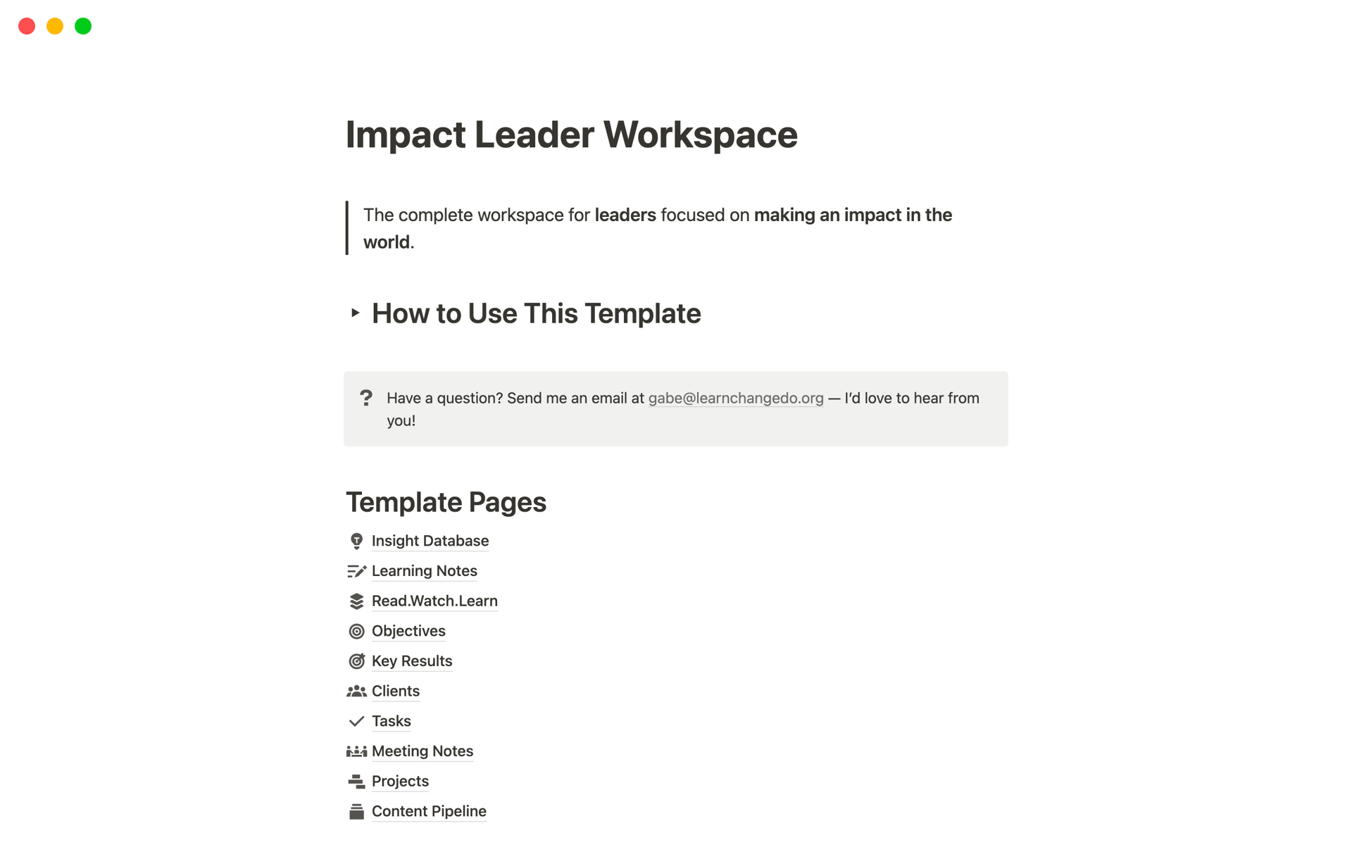 A template preview for Impact Leader Workspace