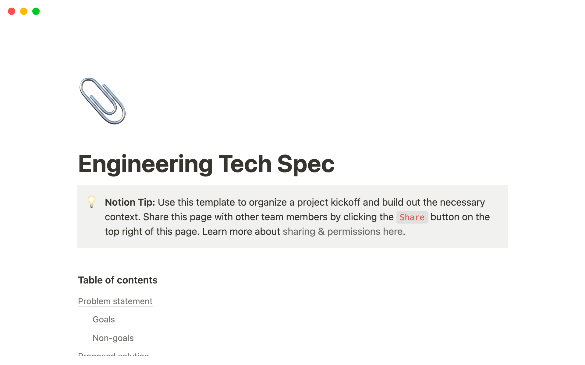 A template preview for Engineering Tech Spec