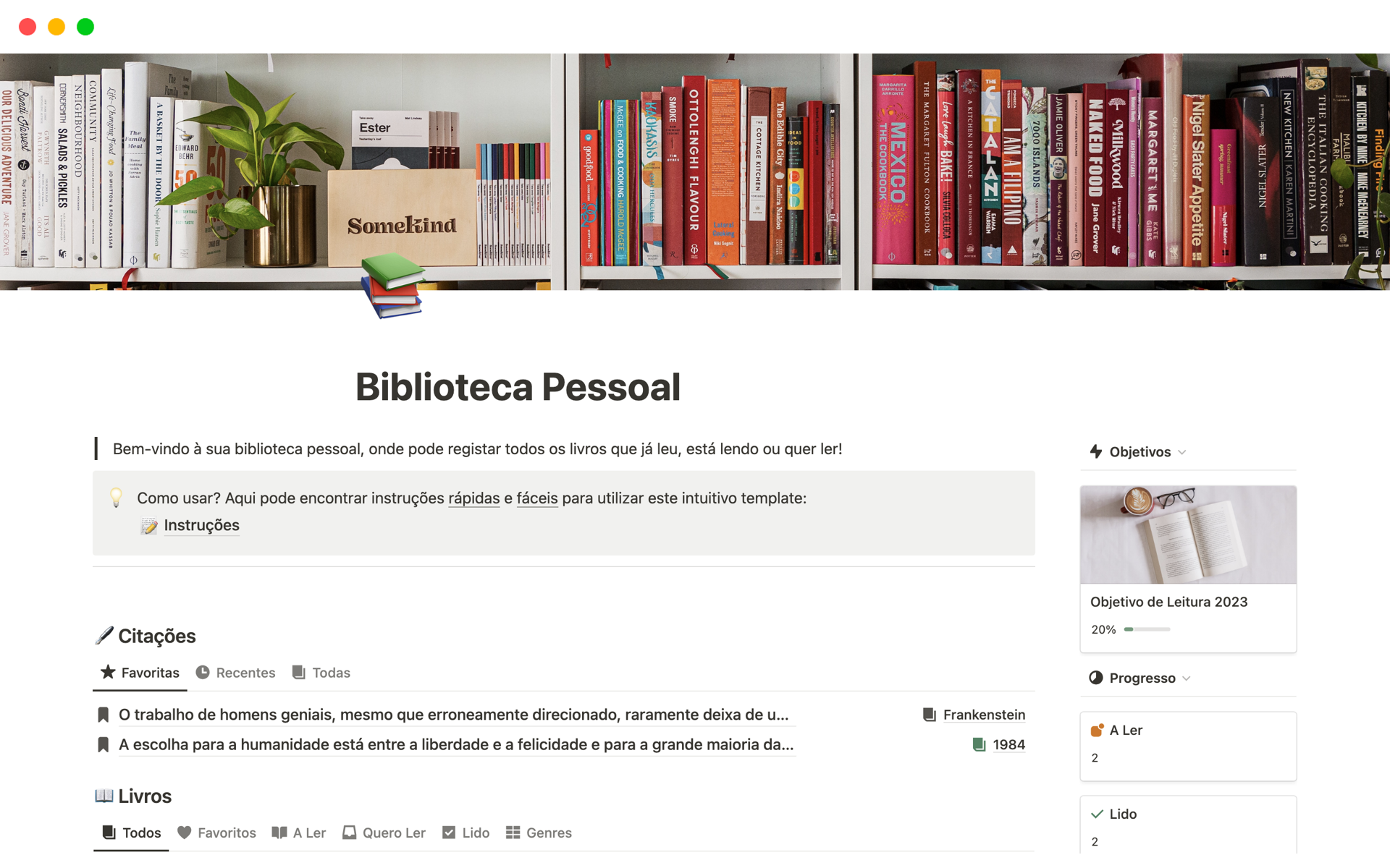 A template preview for Biblioteca Pessoal