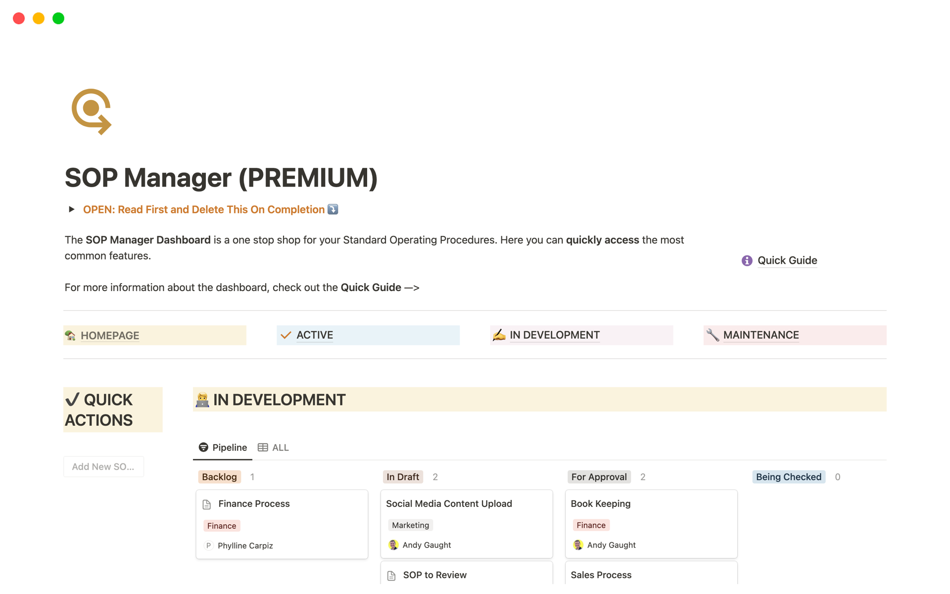 A template preview for SOP Manager (PREMIUM)