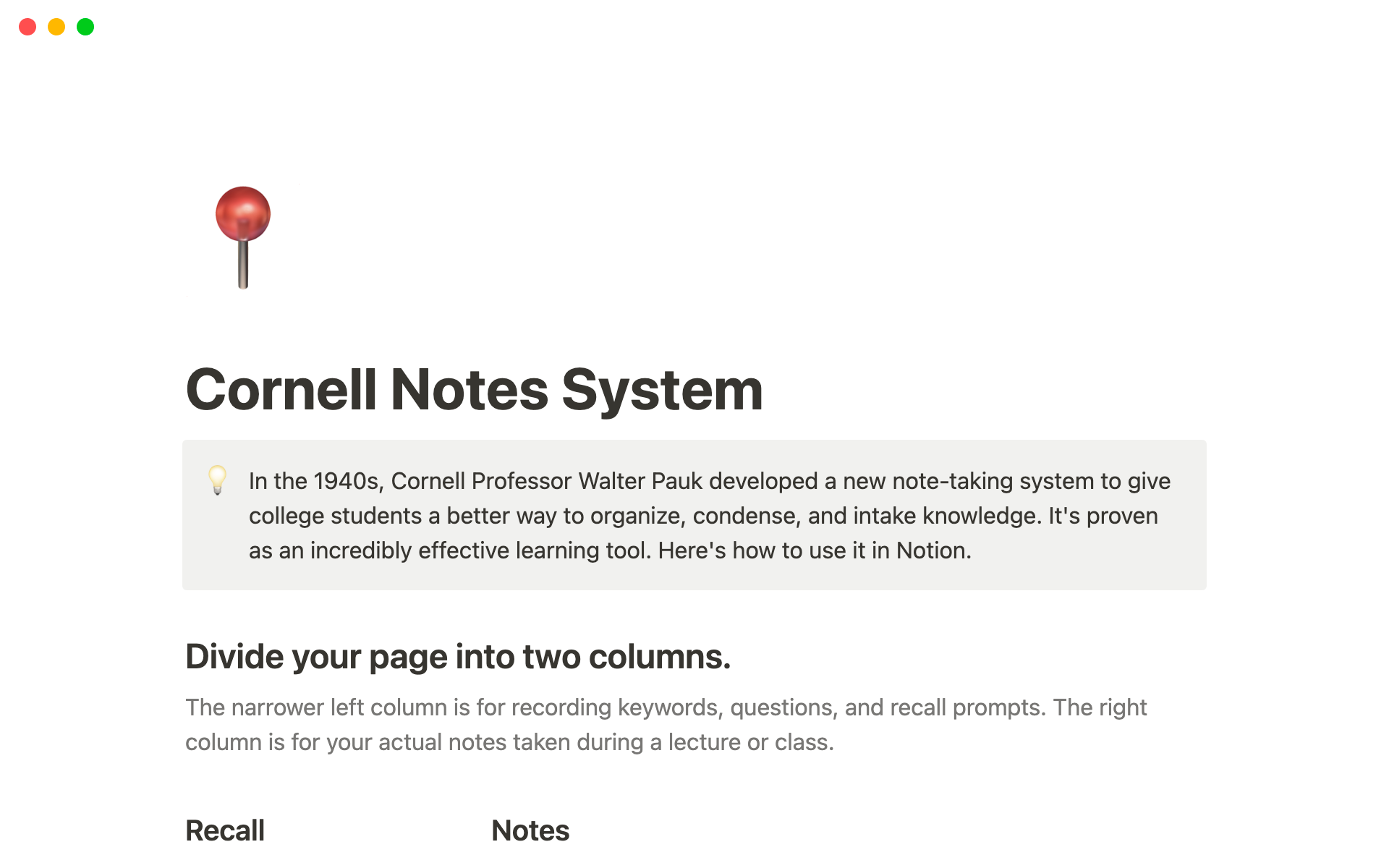 A template preview for Cornell notes system