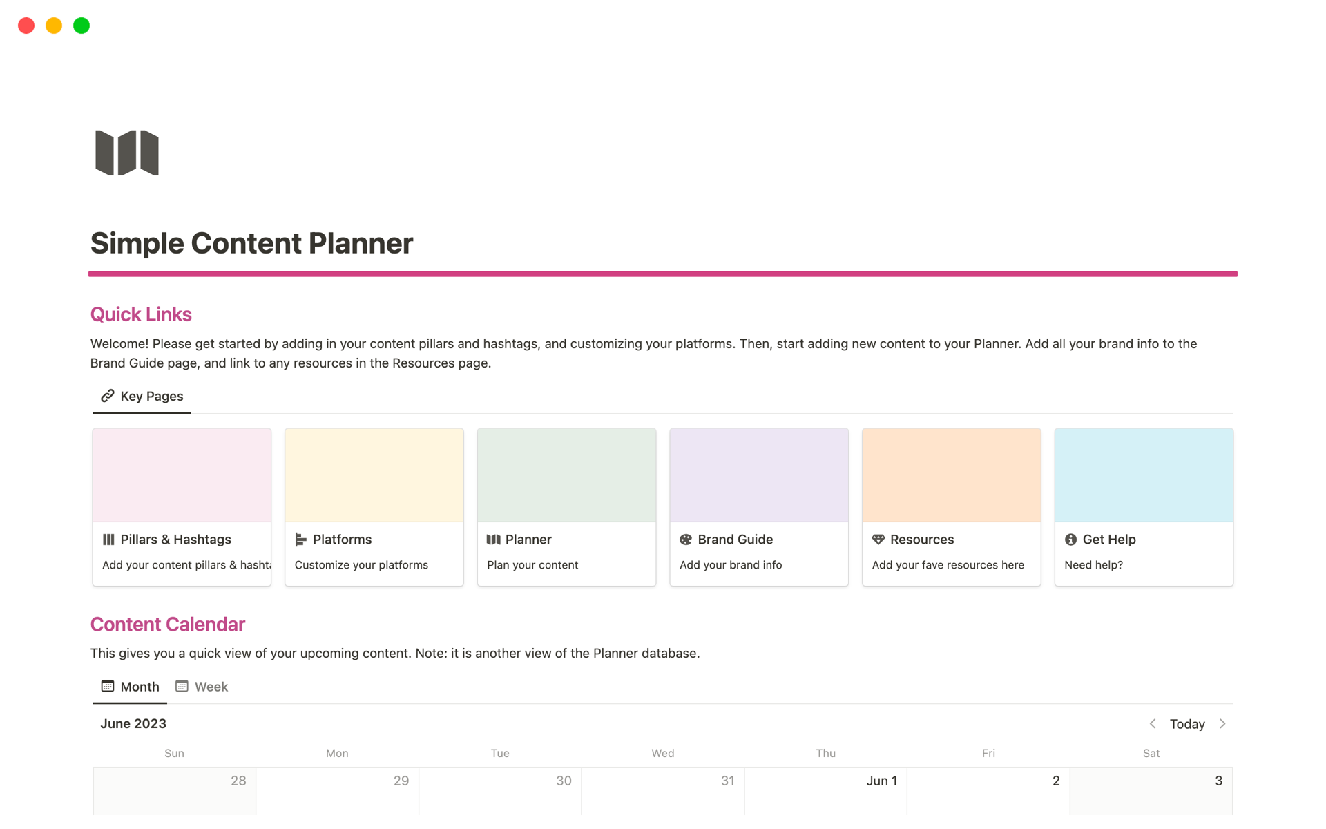 A template preview for Simple Content Planner & Calendar