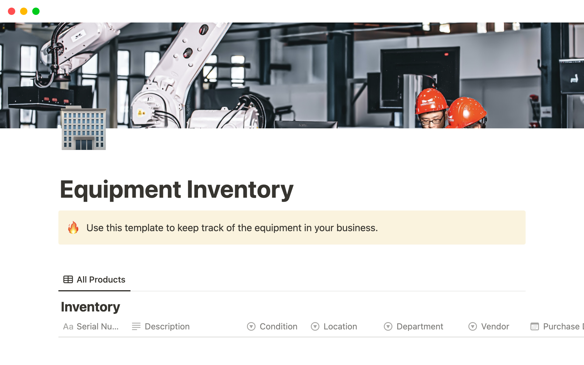 A template preview for Equipment Inventory Template